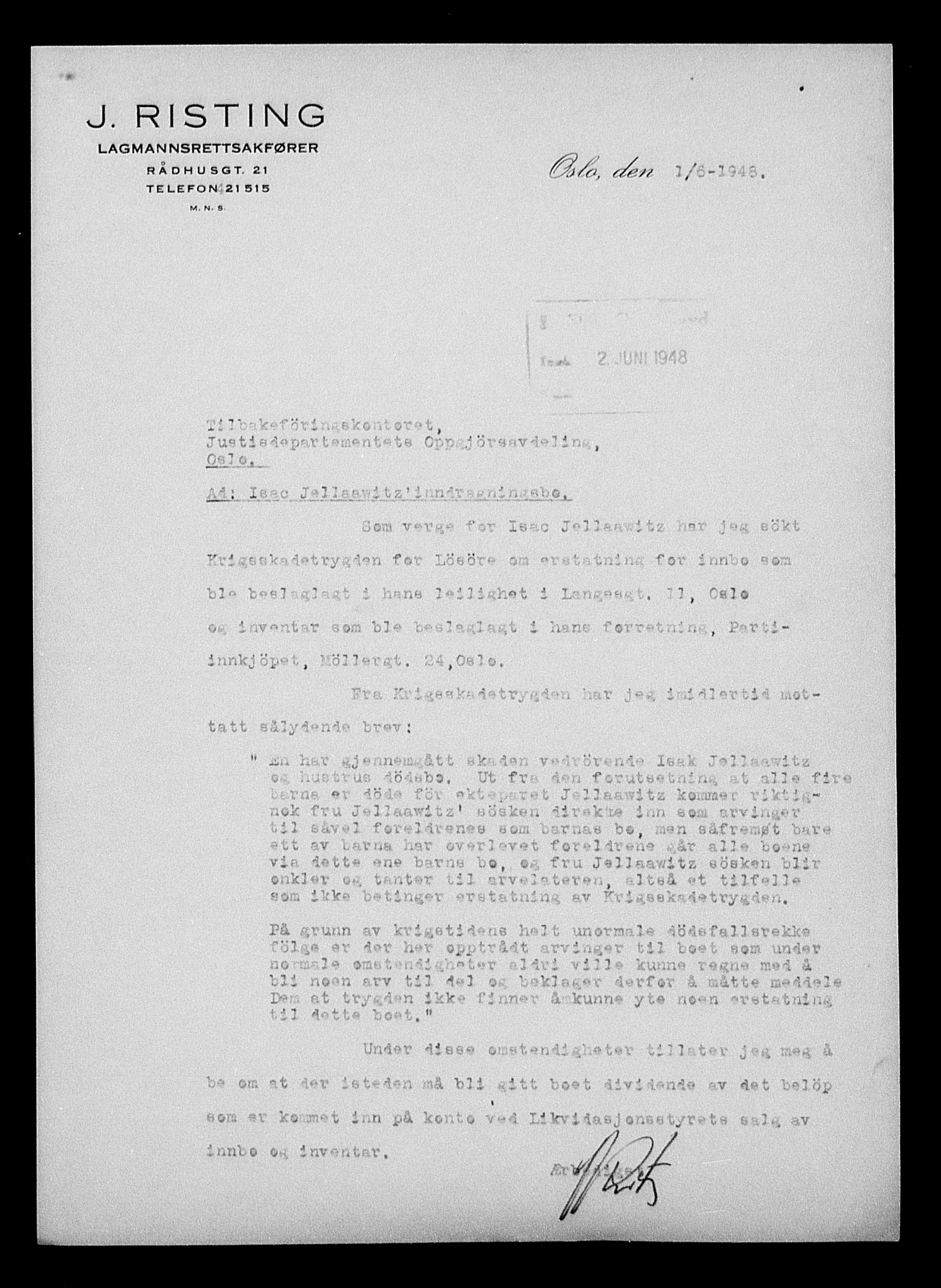 Justisdepartementet, Tilbakeføringskontoret for inndratte formuer, AV/RA-S-1564/H/Hc/Hcc/L0948: --, 1945-1947, s. 7