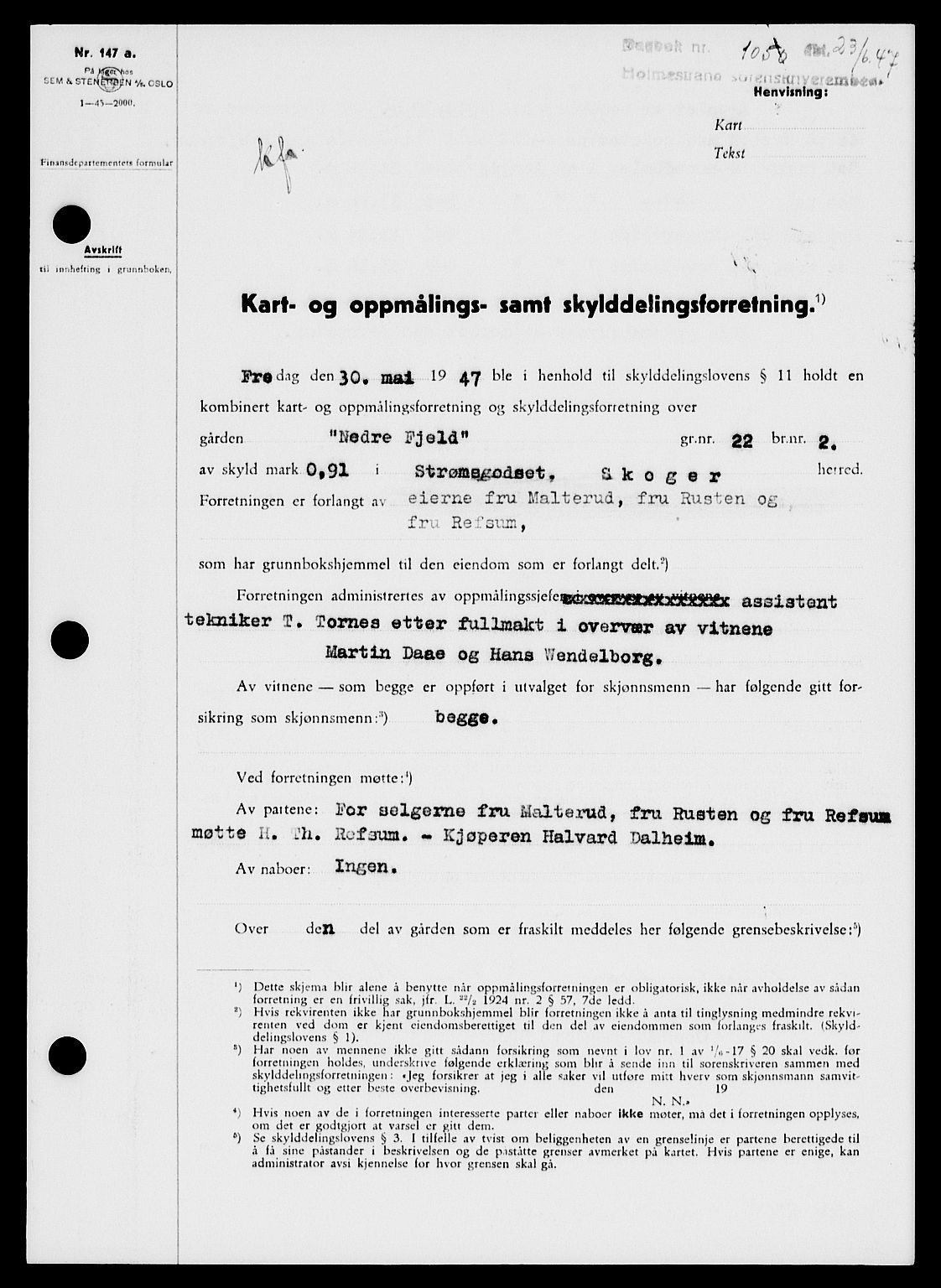 Holmestrand sorenskriveri, SAKO/A-67/G/Ga/Gaa/L0062: Pantebok nr. A-62, 1947-1947, Dagboknr: 1050/1947