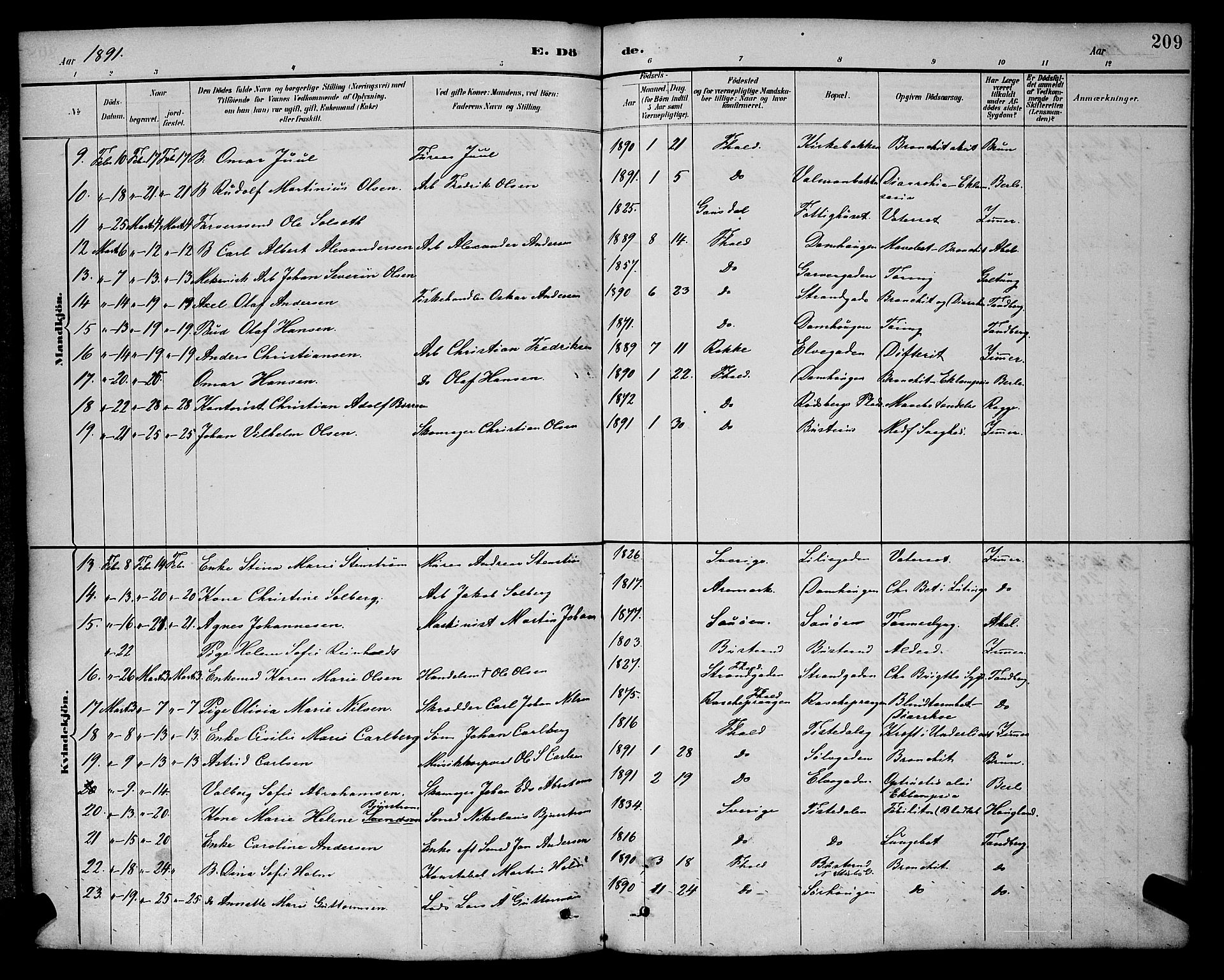 Halden prestekontor Kirkebøker, AV/SAO-A-10909/G/Ga/L0009: Klokkerbok nr. 9, 1885-1908, s. 209