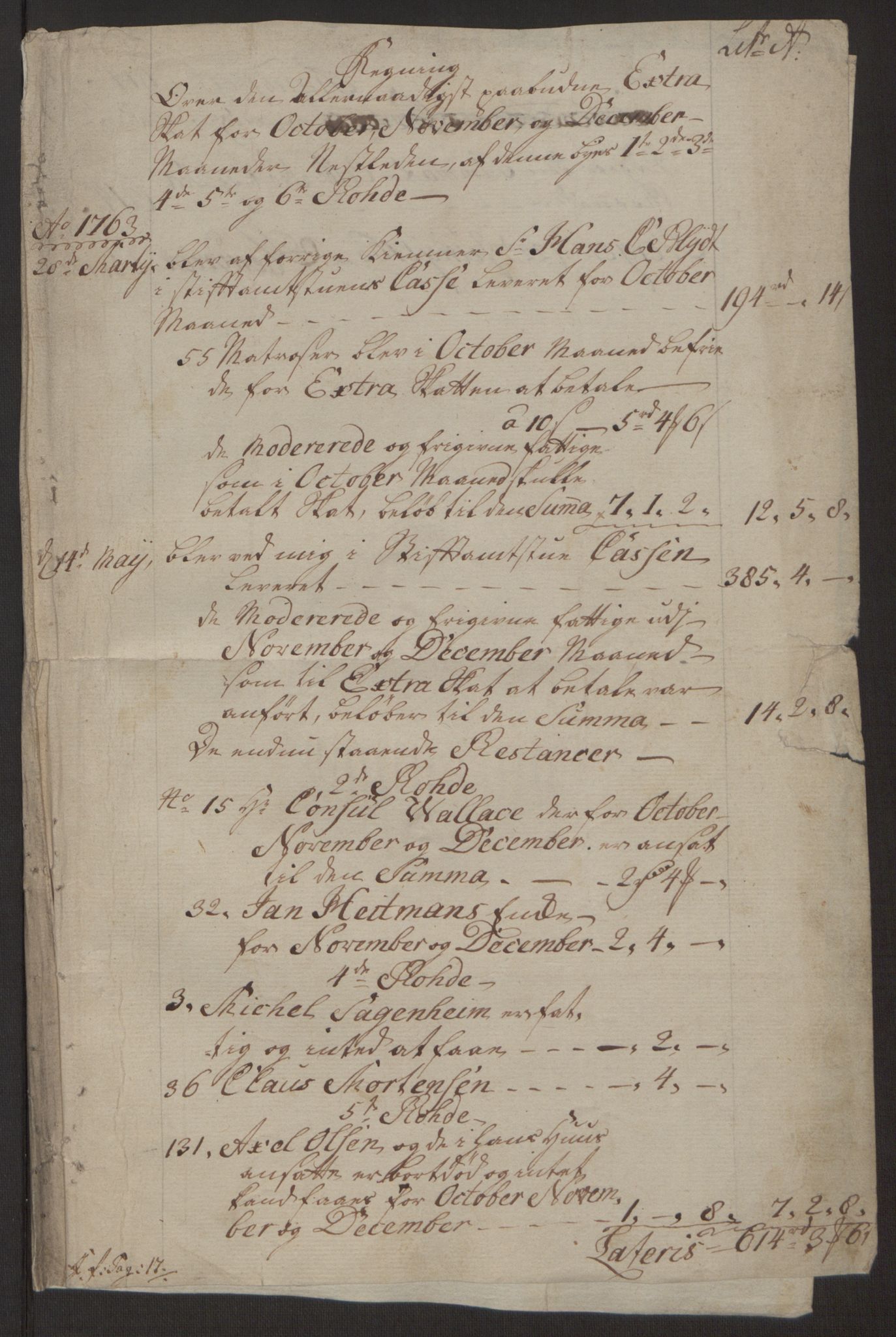 Rentekammeret inntil 1814, Reviderte regnskaper, Byregnskaper, RA/EA-4066/R/Rp/L0365/0001: [P20] Kontribusjonsregnskap / Ekstraskatt, 1762, s. 242