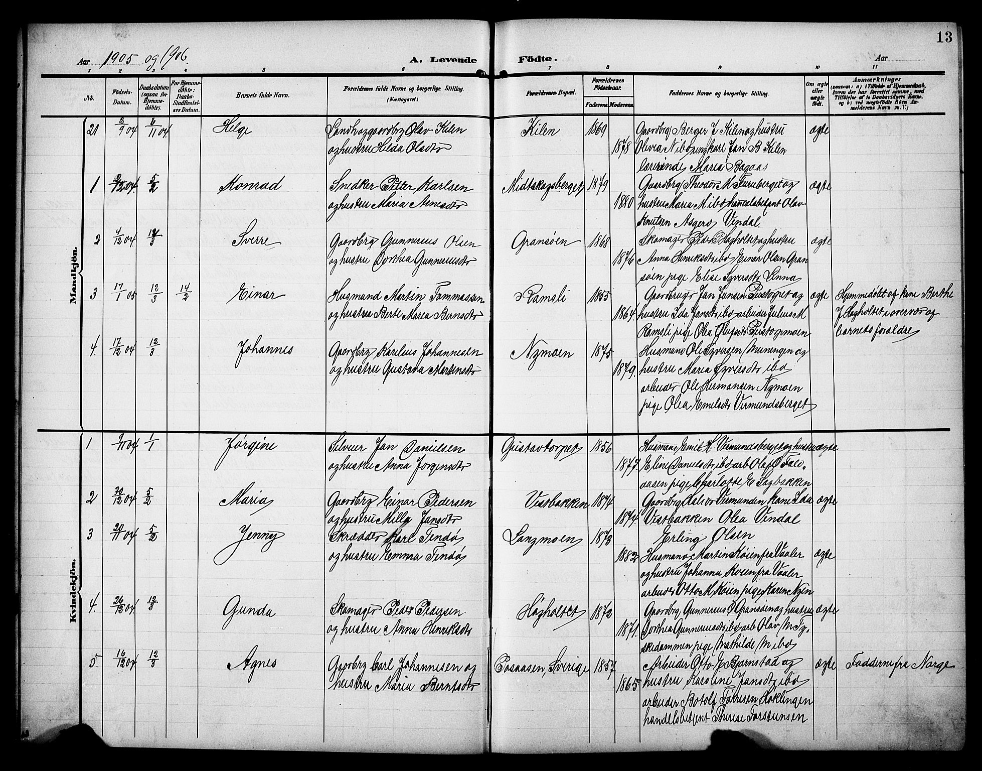 Åsnes prestekontor, AV/SAH-PREST-042/H/Ha/Hab/L0006: Klokkerbok nr. 6, 1903-1929, s. 13