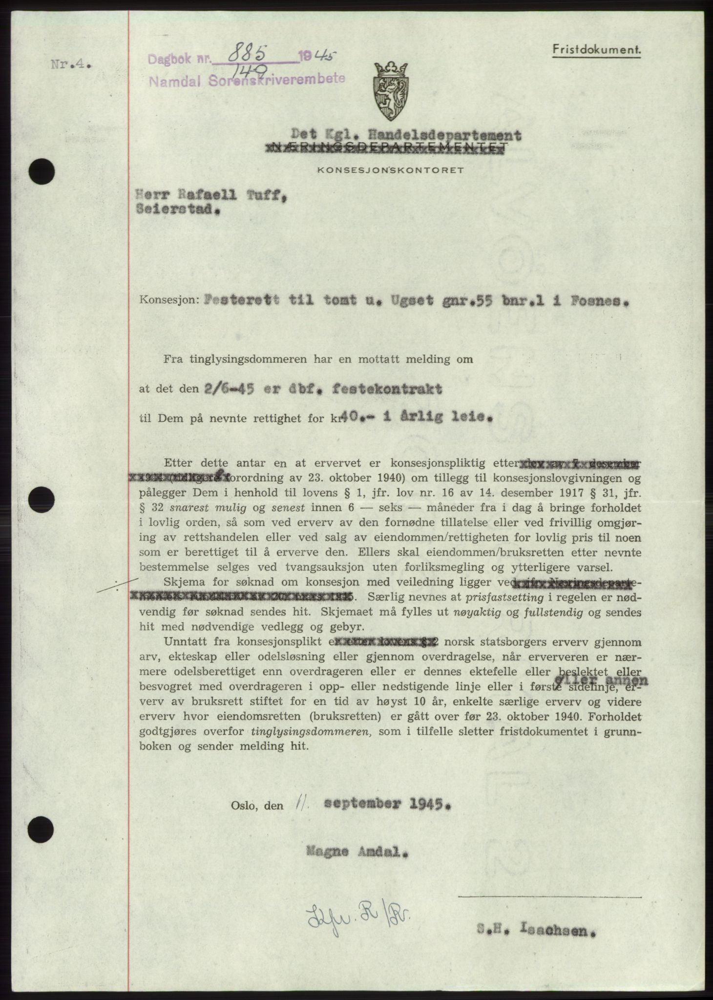 Namdal sorenskriveri, SAT/A-4133/1/2/2C: Pantebok nr. -, 1944-1945, Dagboknr: 885/1945