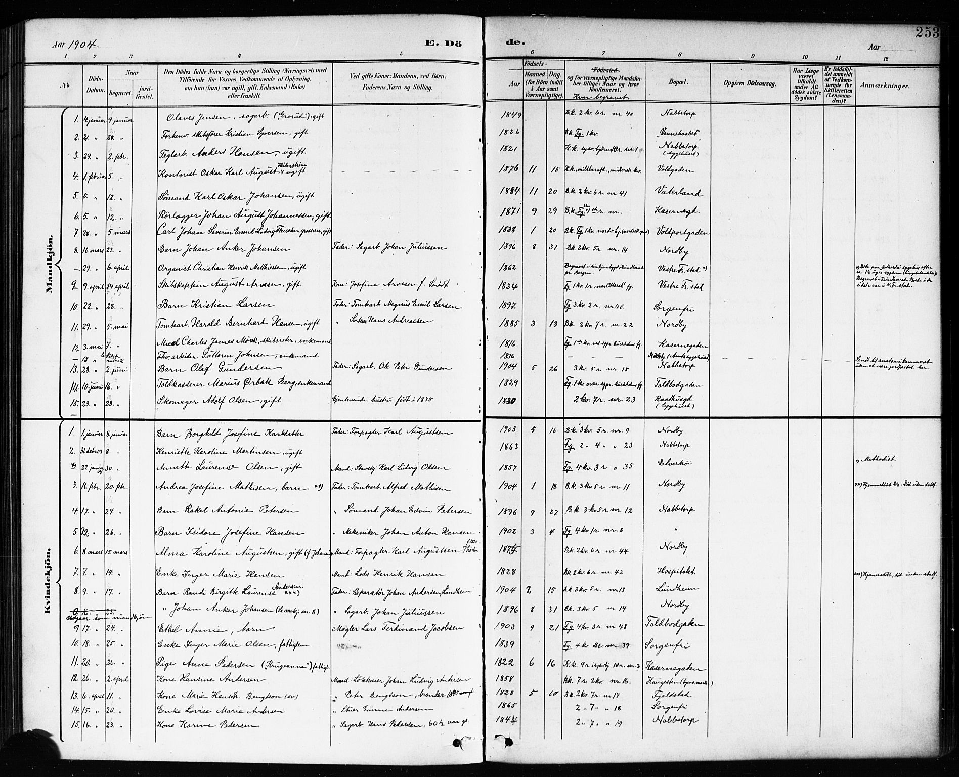 Østre Fredrikstad prestekontor Kirkebøker, SAO/A-10907/G/Ga/L0002: Klokkerbok nr. 2, 1900-1919, s. 253