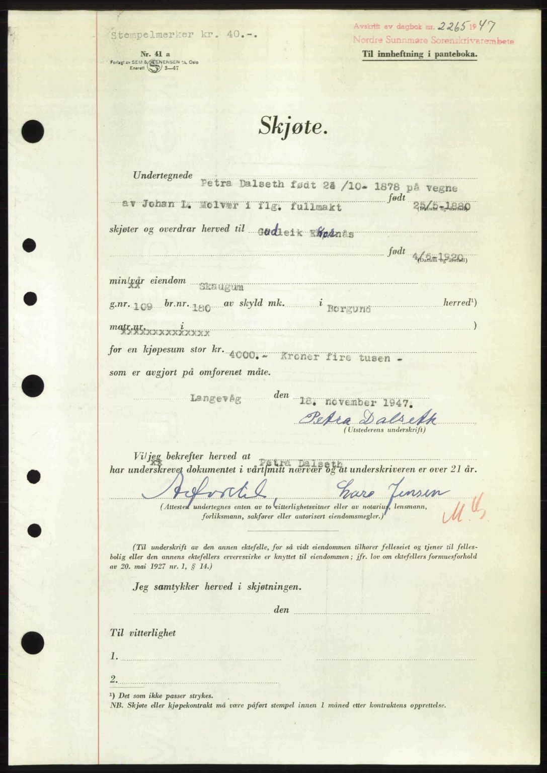 Nordre Sunnmøre sorenskriveri, AV/SAT-A-0006/1/2/2C/2Ca: Pantebok nr. A26, 1947-1948, Dagboknr: 2265/1947