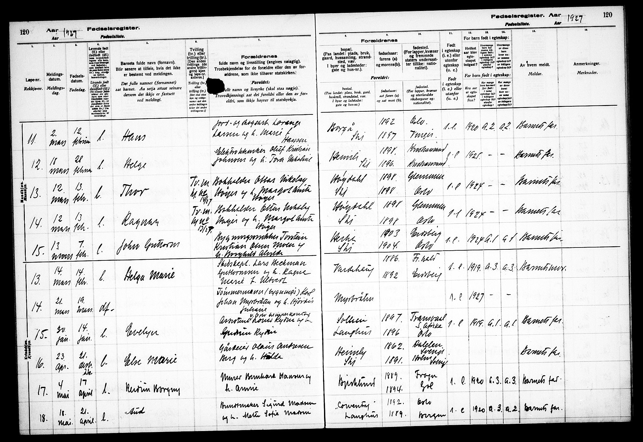 Kråkstad prestekontor Kirkebøker, AV/SAO-A-10125a/J/Jb/L0001: Fødselsregister nr. II 1, 1916-1936, s. 120