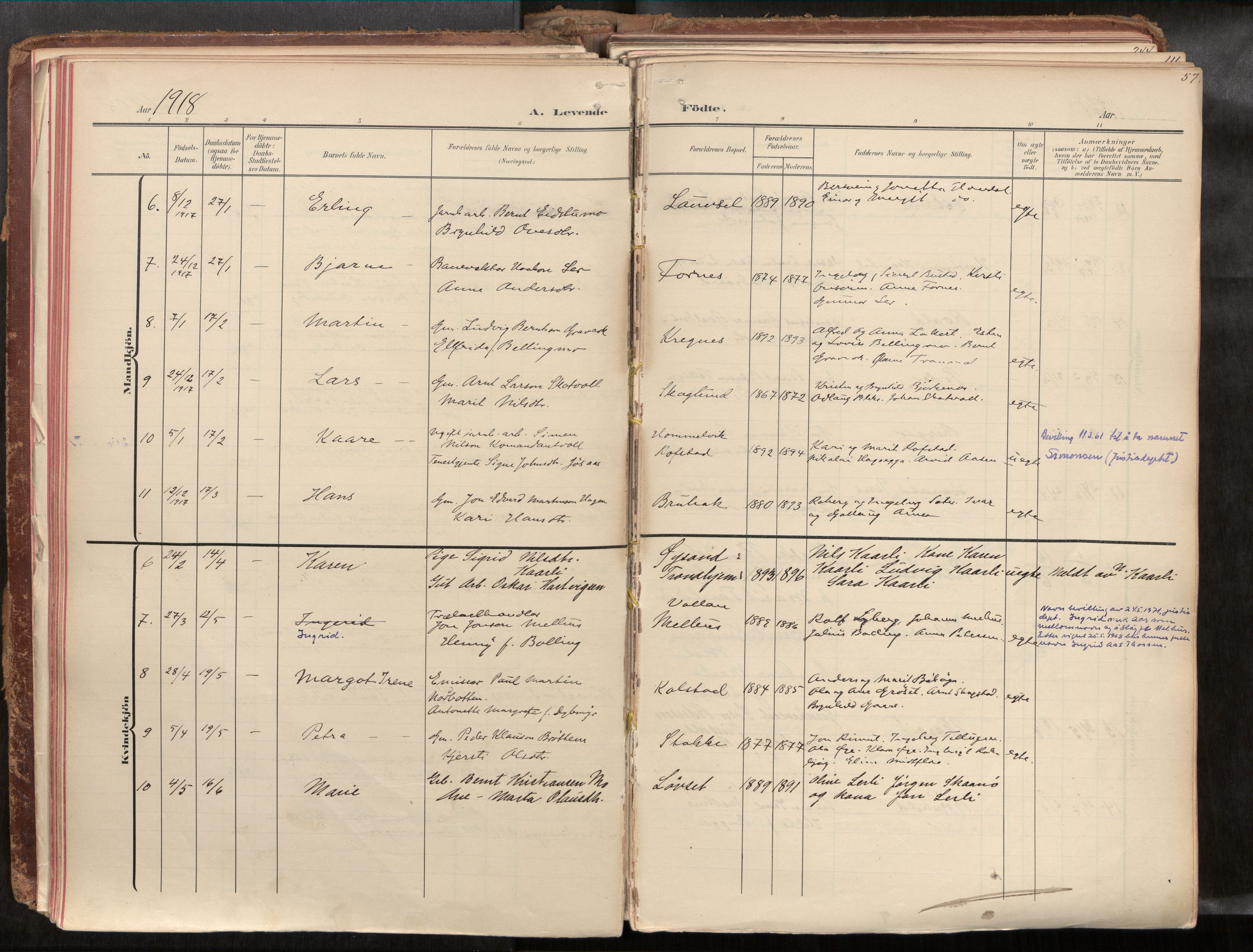 Ministerialprotokoller, klokkerbøker og fødselsregistre - Sør-Trøndelag, AV/SAT-A-1456/691/L1085b: Ministerialbok nr. 691A18, 1908-1930, s. 57
