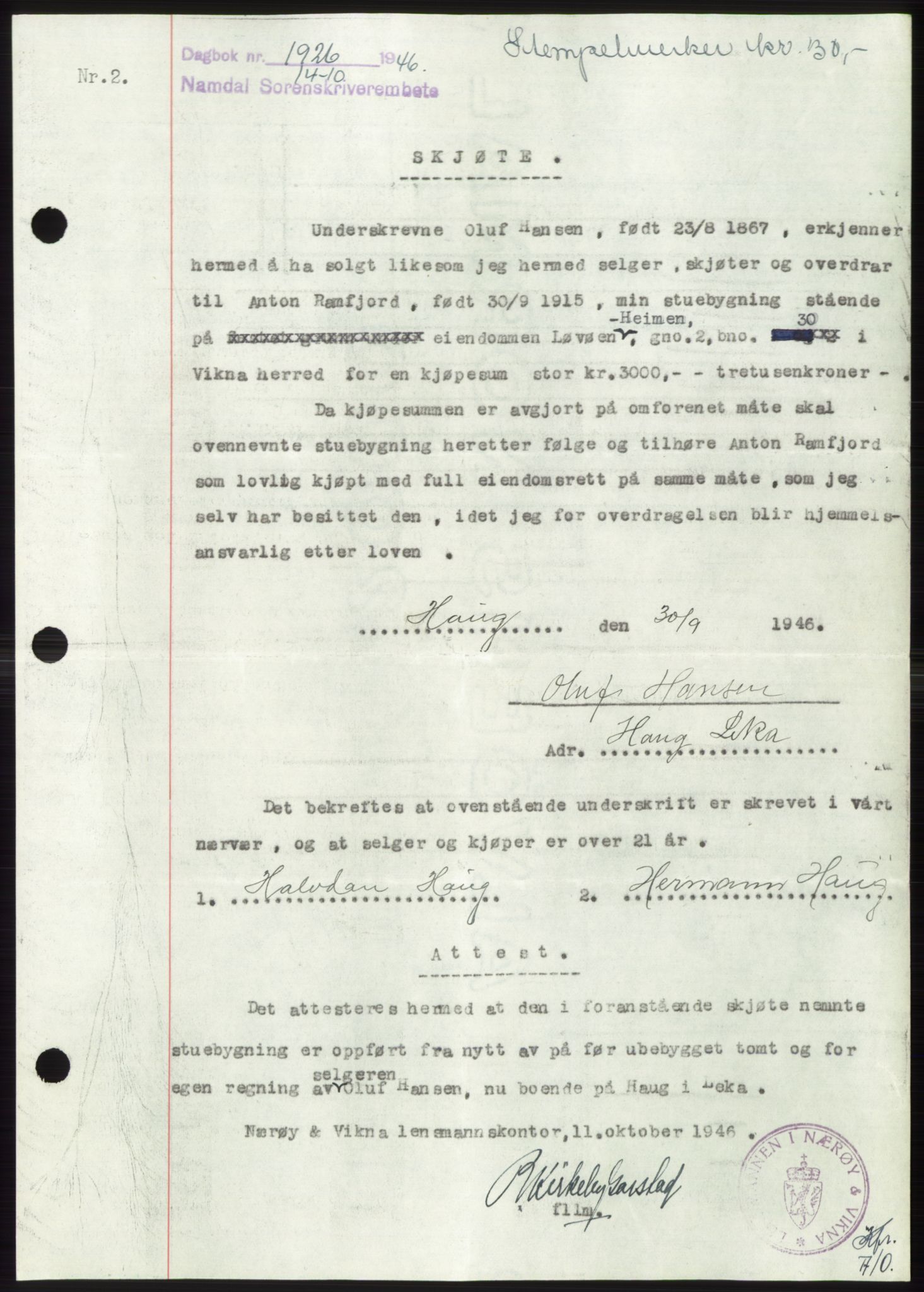Namdal sorenskriveri, SAT/A-4133/1/2/2C: Pantebok nr. -, 1946-1947, Dagboknr: 1926/1946