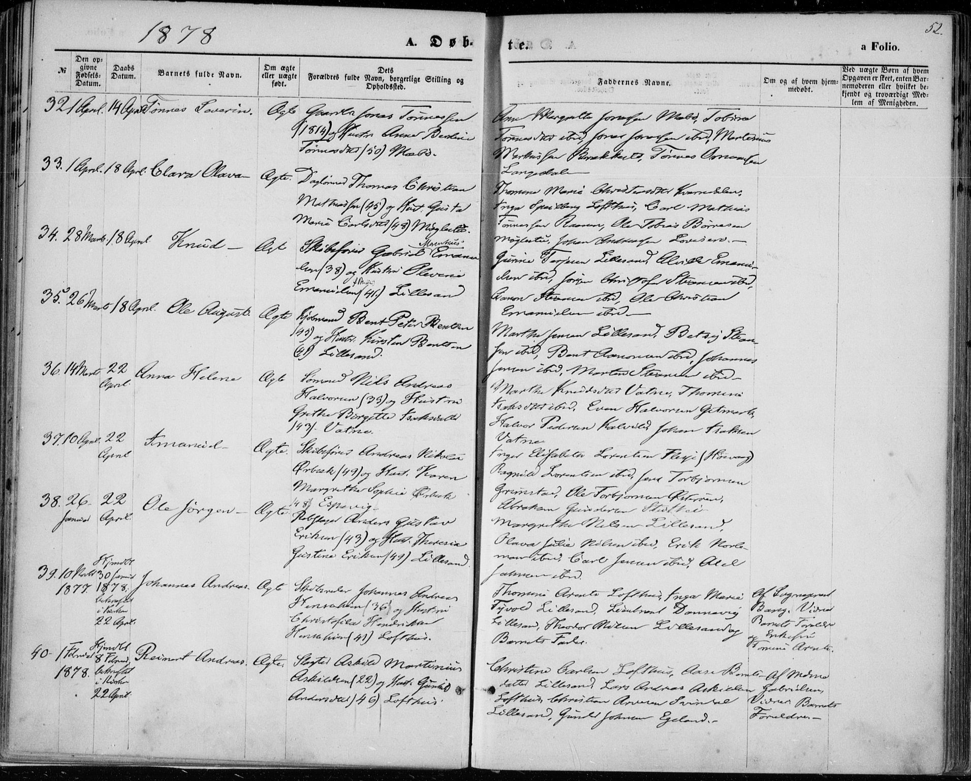 Vestre Moland sokneprestkontor, AV/SAK-1111-0046/F/Fa/Fab/L0008: Ministerialbok nr. A 8, 1873-1883, s. 52