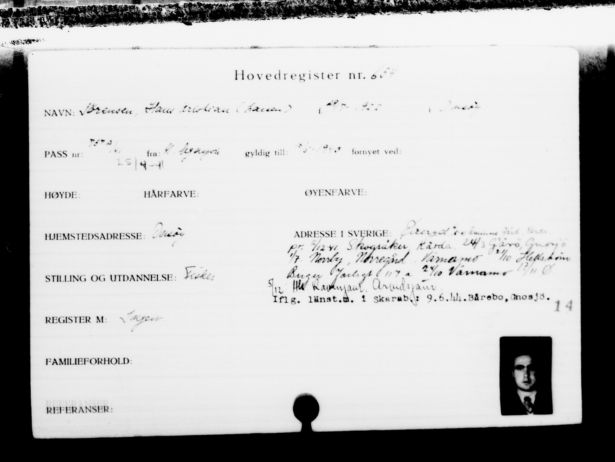 Utenriksstasjonene, Legasjonen i Stockholm, Flyktningkontoret, AV/RA-S-6753/V/Va/L0001: Kjesäterkartoteket, flyktninger med registreringsnr. 1-1000, 1940-1945, s. 1020
