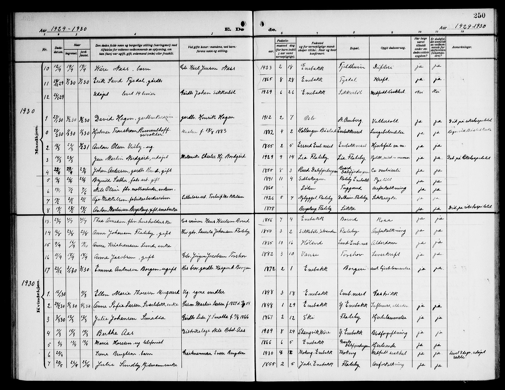 Enebakk prestekontor Kirkebøker, AV/SAO-A-10171c/G/Ga/L0007: Klokkerbok nr. I 7, 1911-1949, s. 250