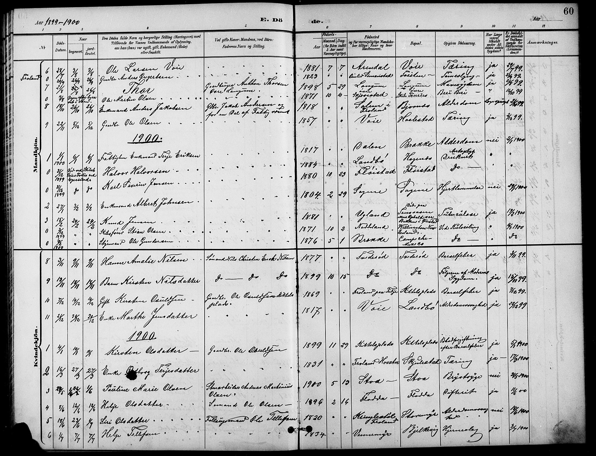 Austre Moland sokneprestkontor, SAK/1111-0001/F/Fb/Fba/L0004: Klokkerbok nr. B 4a, 1897-1913, s. 60