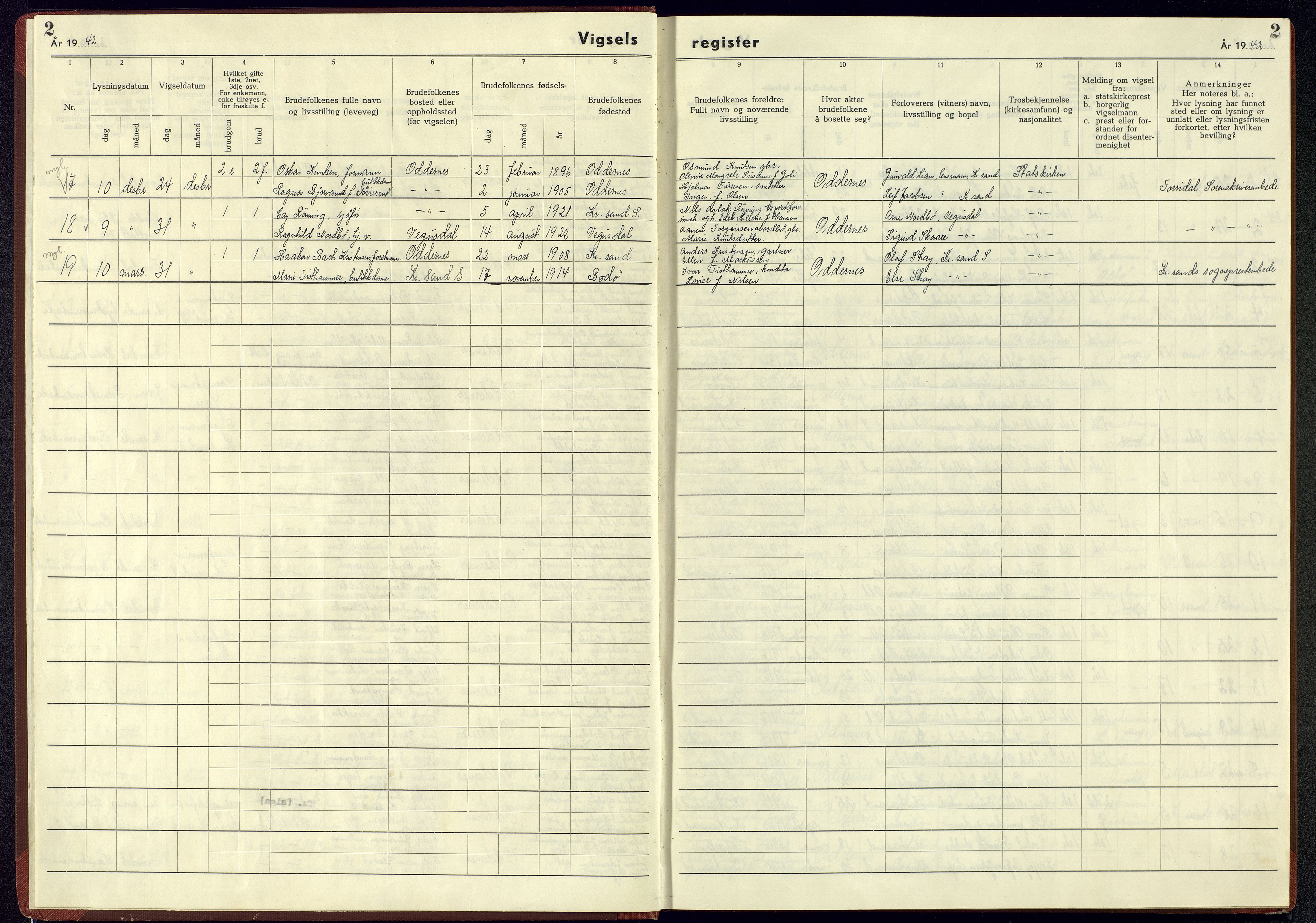 Oddernes sokneprestkontor, SAK/1111-0033/J/Jb/L0005: Vigselsregister nr. 5, 1942-1945, s. 2