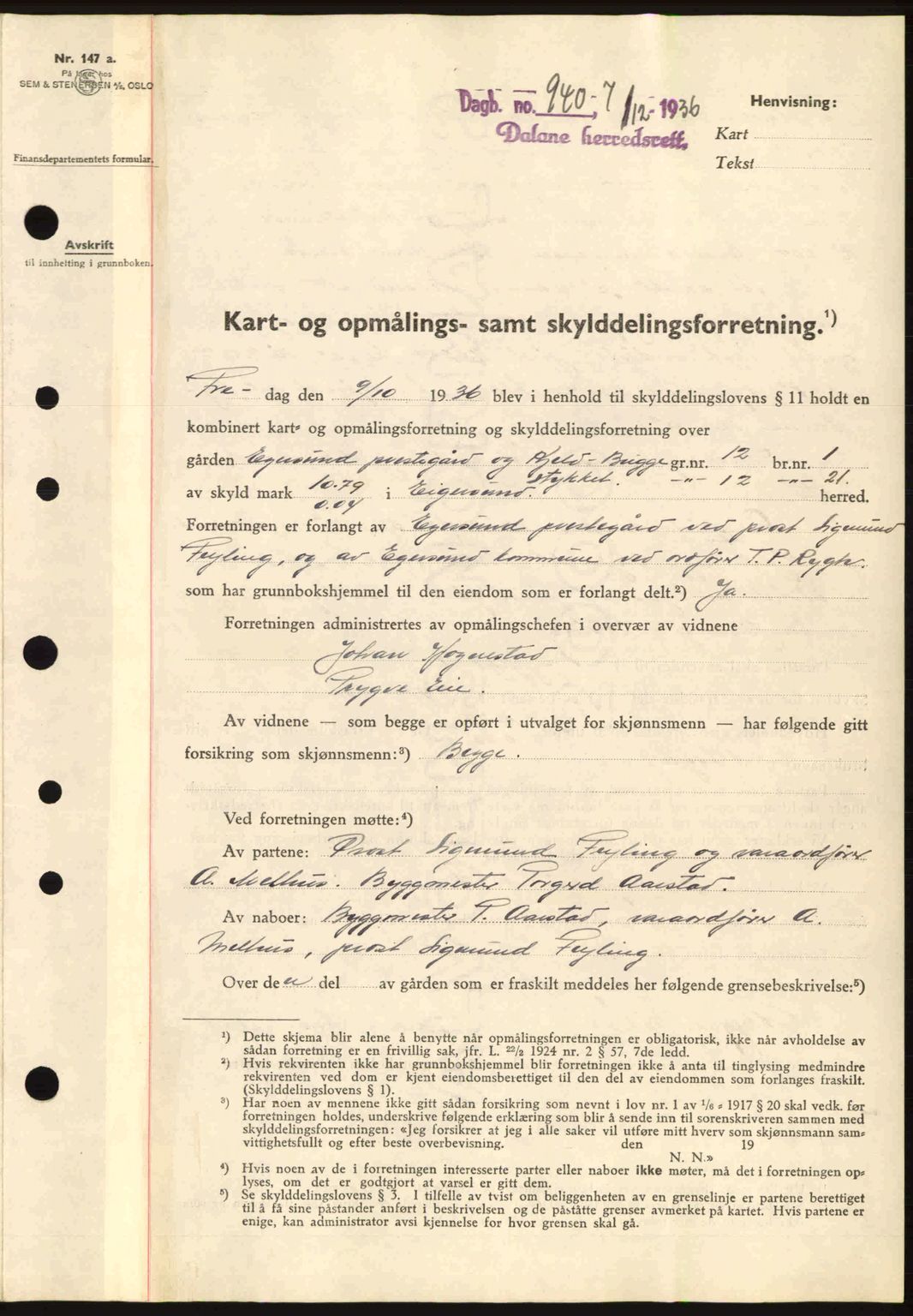 Dalane sorenskriveri, SAST/A-100309/02/G/Gb/L0041: Pantebok nr. A2, 1936-1937, Dagboknr: 940/1936