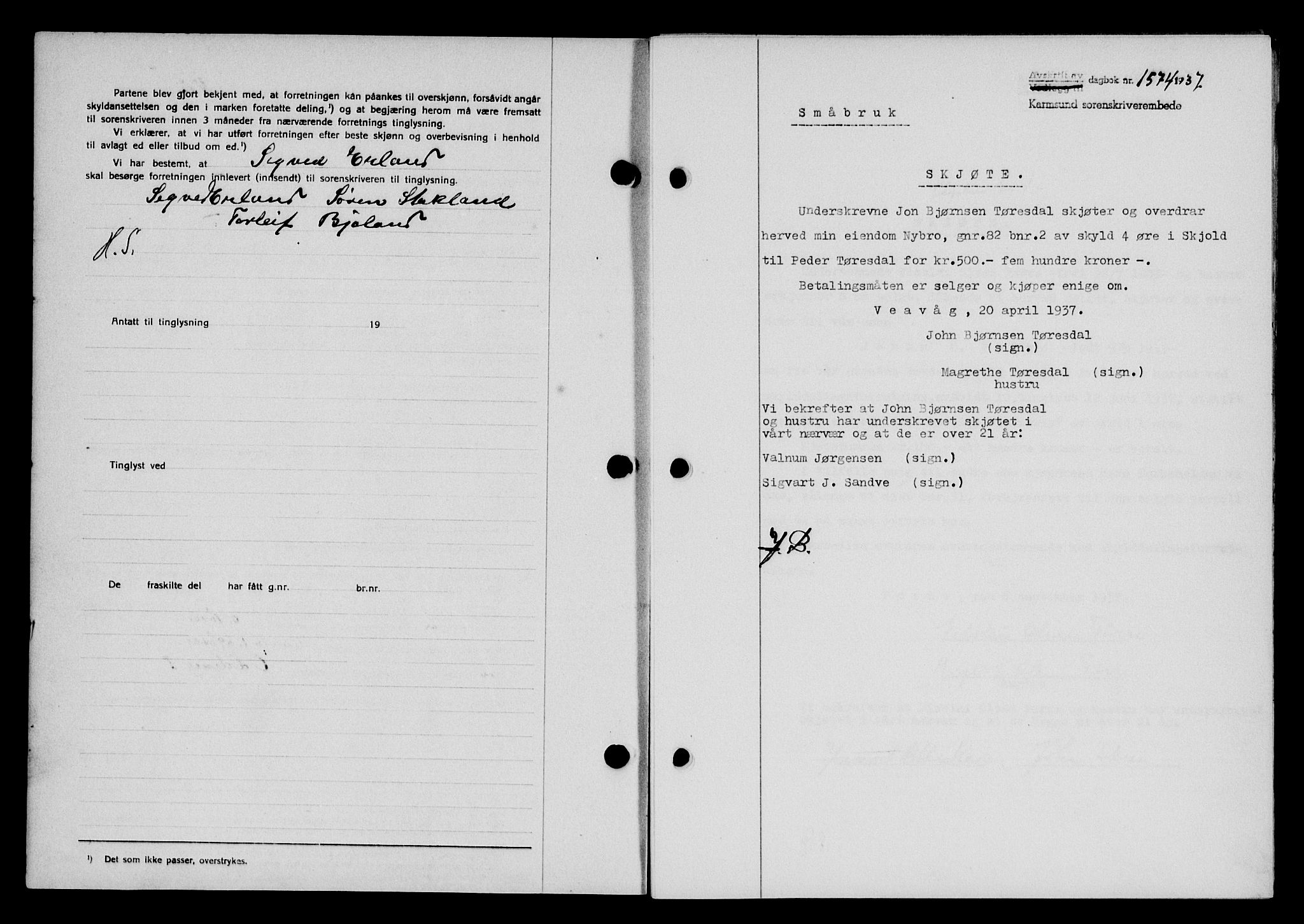 Karmsund sorenskriveri, SAST/A-100311/01/II/IIB/L0068: Pantebok nr. 49A, 1937-1937, Dagboknr: 1574/1937