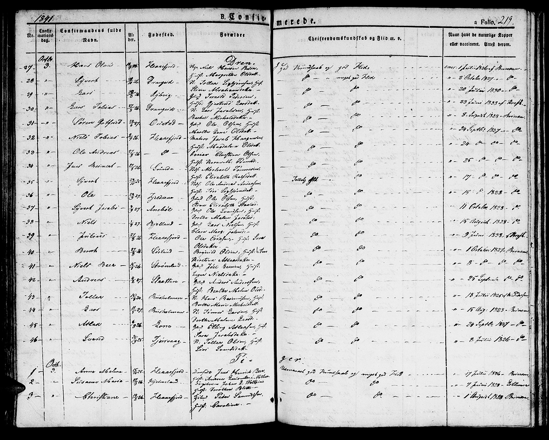 Flekkefjord sokneprestkontor, AV/SAK-1111-0012/F/Fb/Fbc/L0004: Klokkerbok nr. B 4, 1827-1846, s. 219