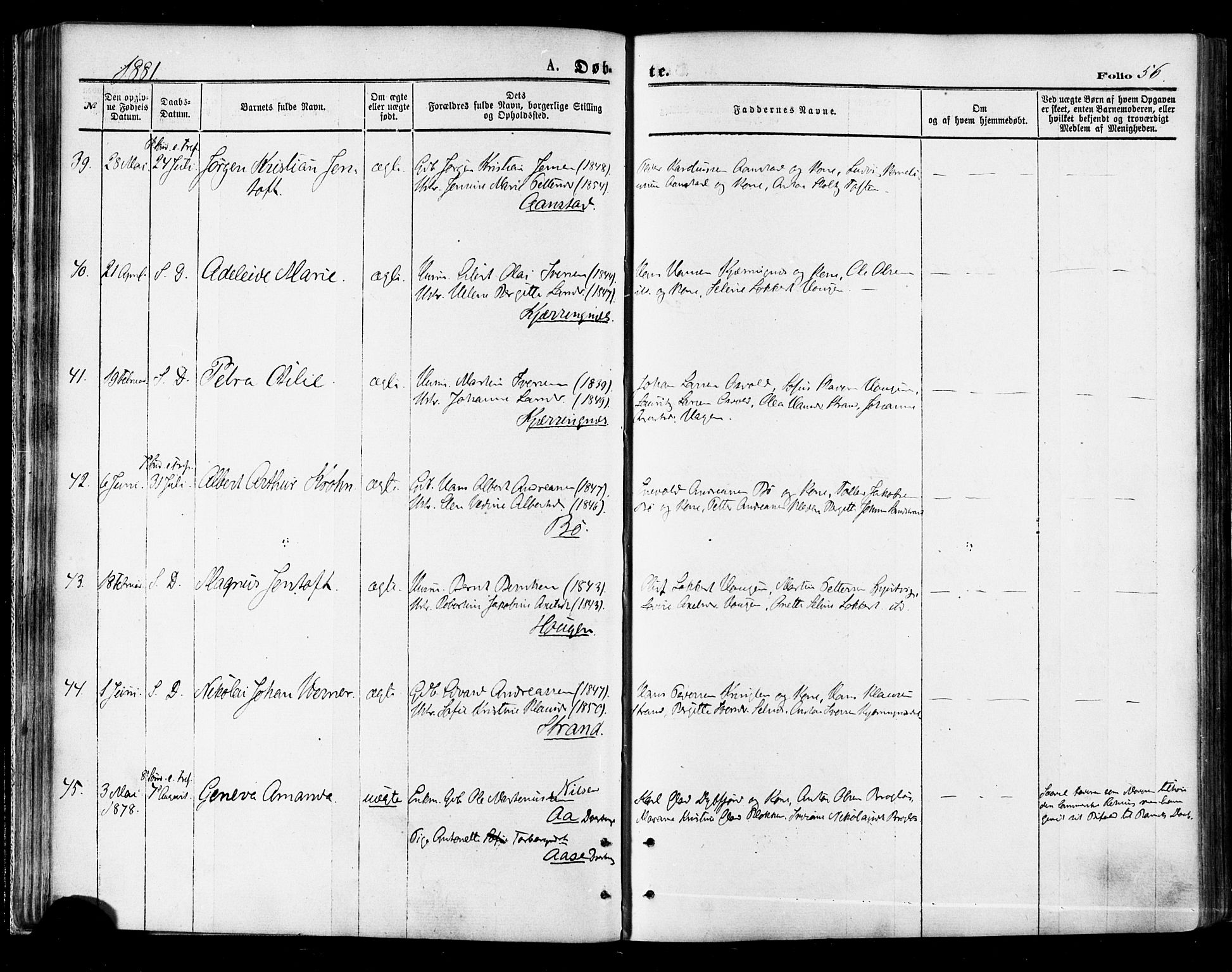 Ministerialprotokoller, klokkerbøker og fødselsregistre - Nordland, AV/SAT-A-1459/895/L1370: Ministerialbok nr. 895A05, 1873-1884, s. 56
