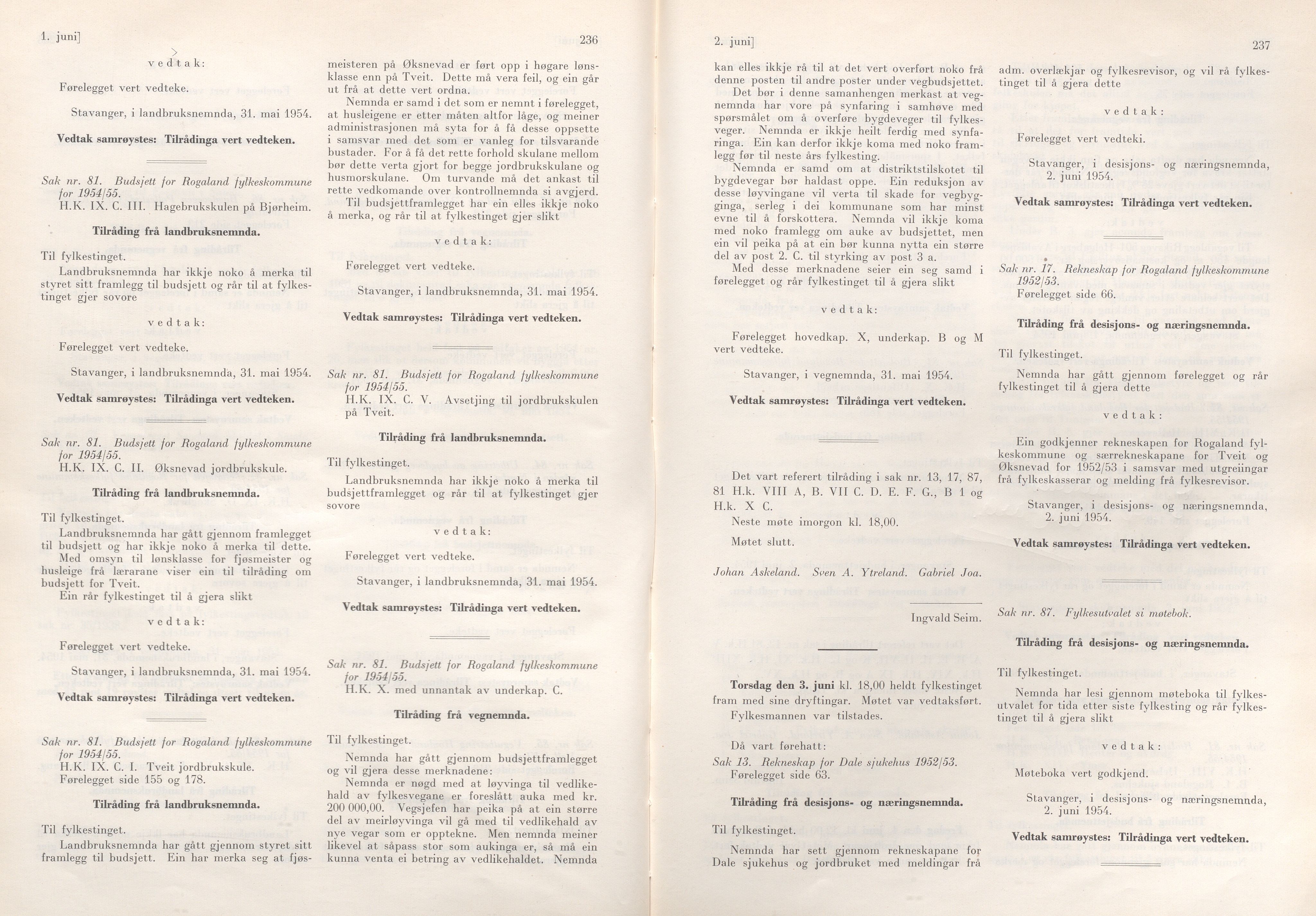 Rogaland fylkeskommune - Fylkesrådmannen , IKAR/A-900/A/Aa/Aaa/L0073: Møtebok , 1954, s. 236-237