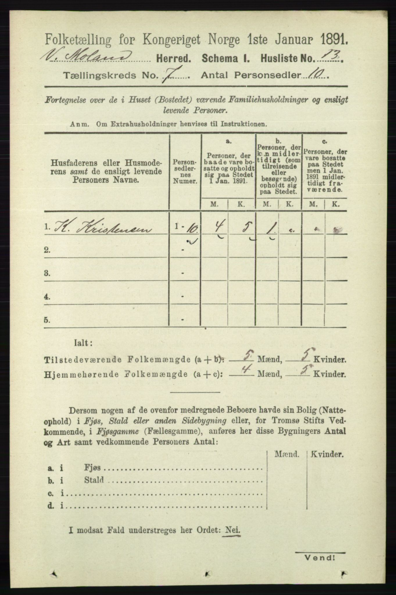 RA, Folketelling 1891 for 0926 Vestre Moland herred, 1891, s. 2772