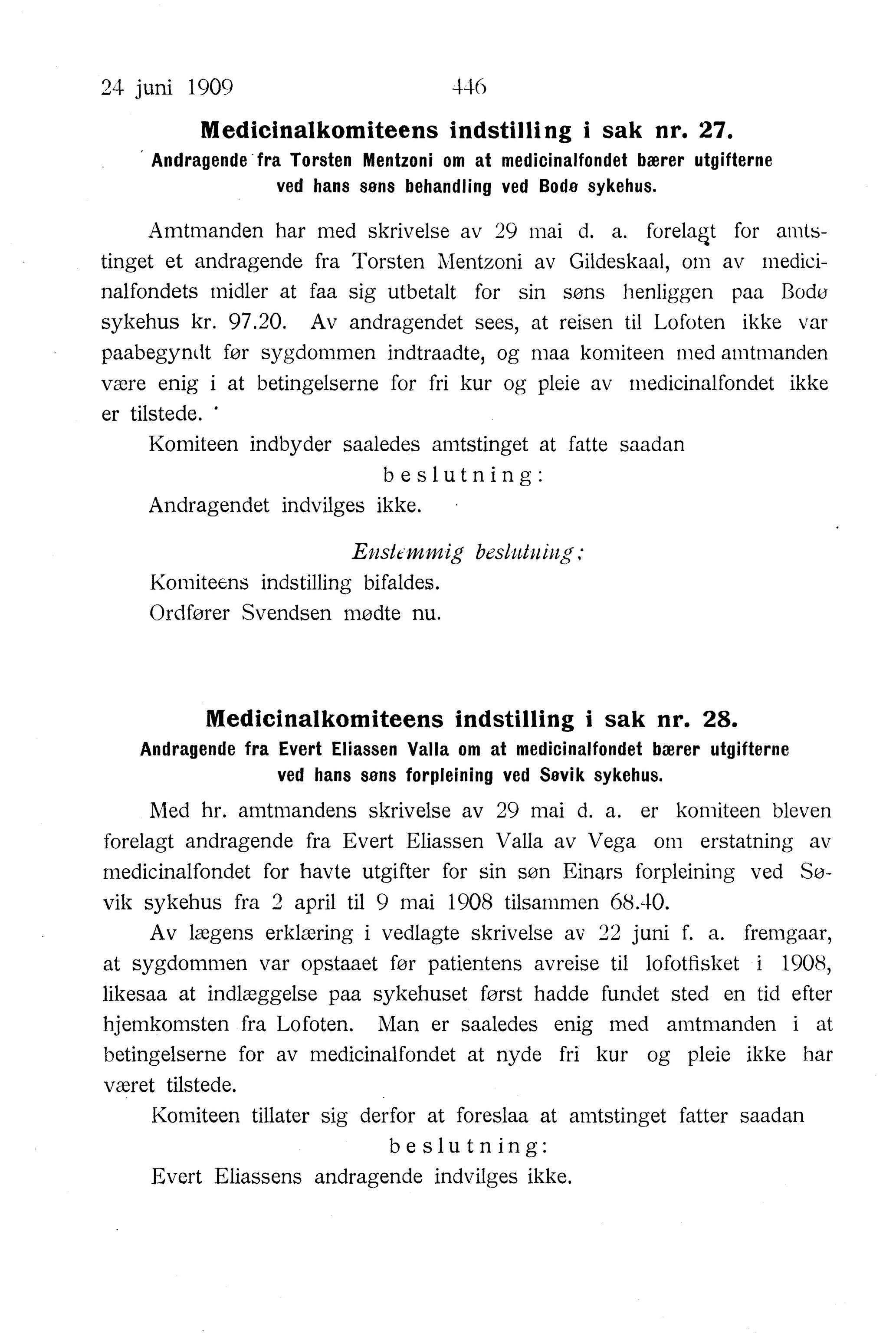 Nordland Fylkeskommune. Fylkestinget, AIN/NFK-17/176/A/Ac/L0032: Fylkestingsforhandlinger 1909, 1909