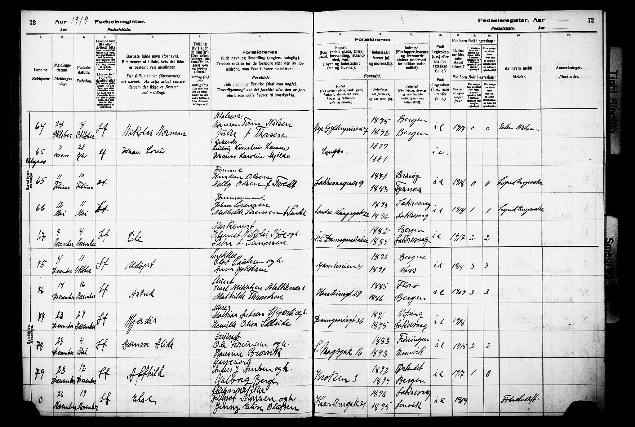 Laksevåg Sokneprestembete, AV/SAB-A-76501/I/Id/L00A1: Fødselsregister nr. A 1, 1916-1926, s. 72