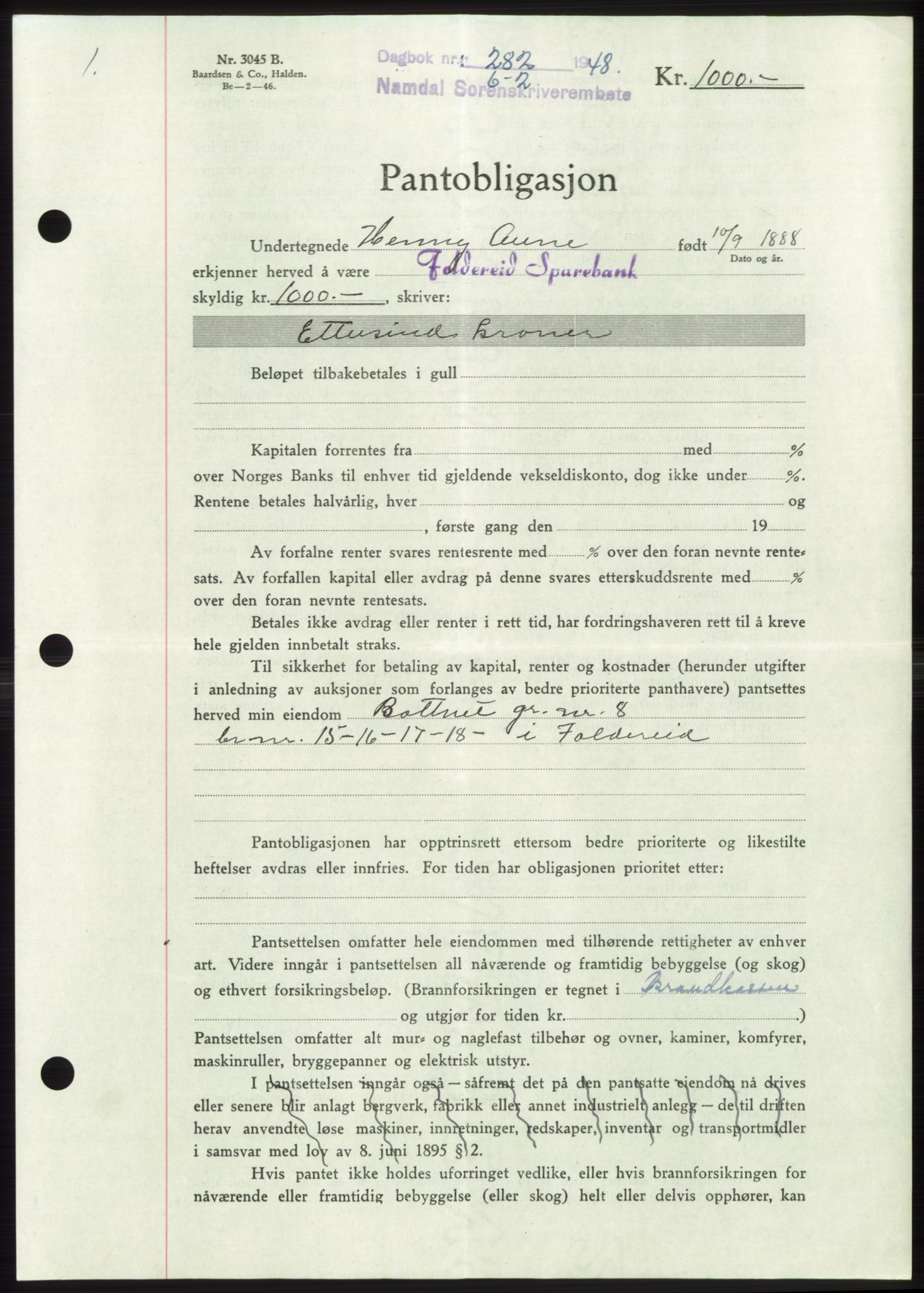 Namdal sorenskriveri, SAT/A-4133/1/2/2C: Pantebok nr. -, 1947-1948, Dagboknr: 282/1948