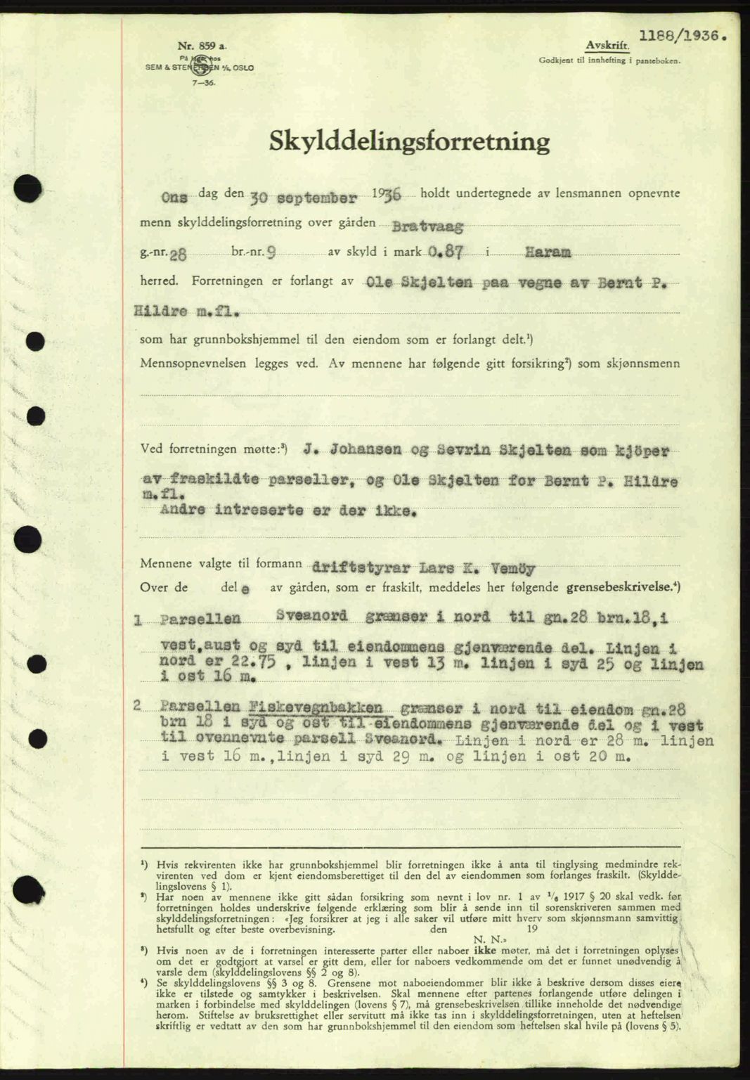 Nordre Sunnmøre sorenskriveri, AV/SAT-A-0006/1/2/2C/2Ca: Pantebok nr. A1, 1936-1936, Dagboknr: 1188/1936