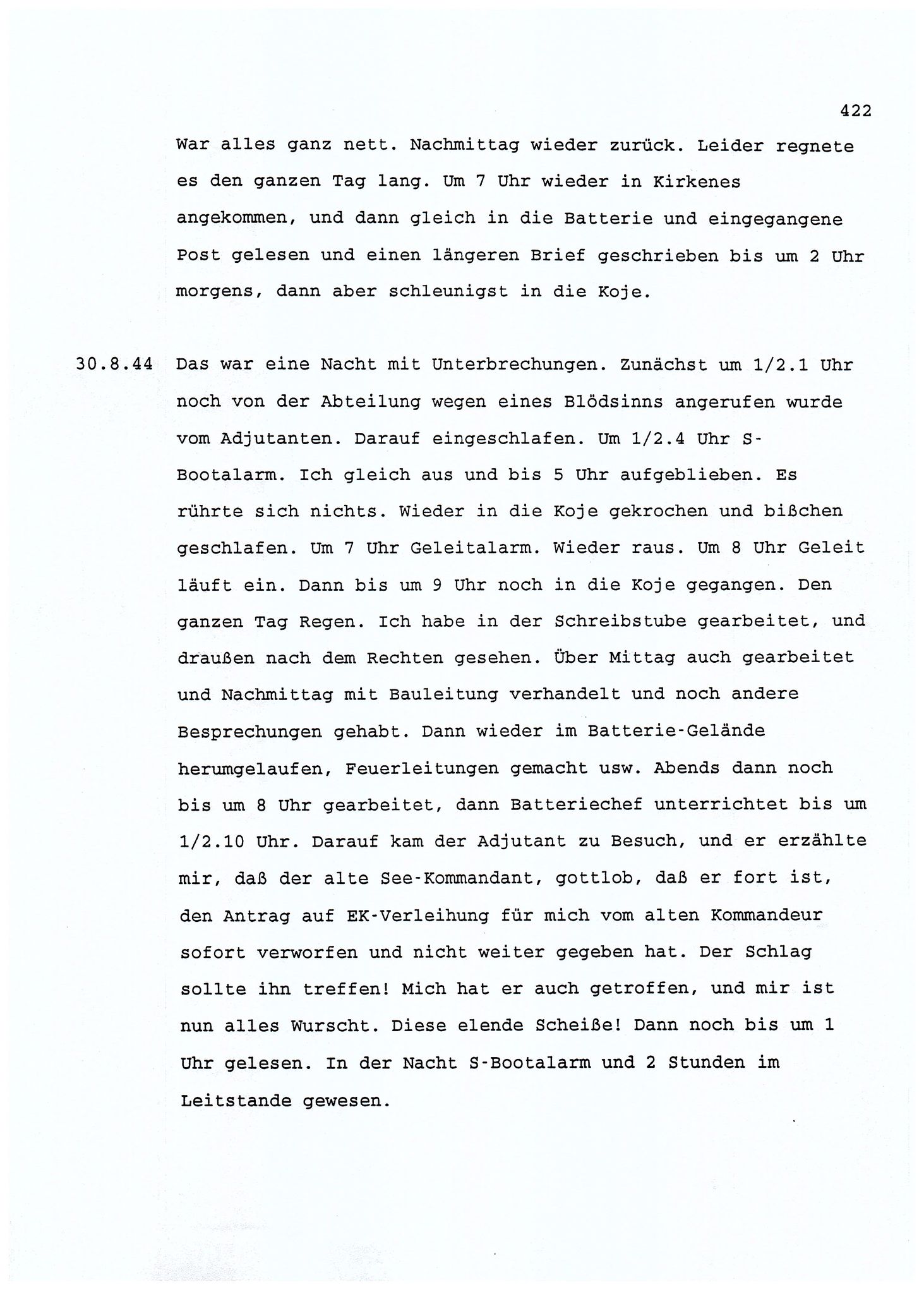 Dagbokopptegnelser av en tysk marineoffiser stasjonert i Norge , FMFB/A-1160/F/L0001: Dagbokopptegnelser av en tysk marineoffiser stasjonert i Norge, 1941-1944, s. 422