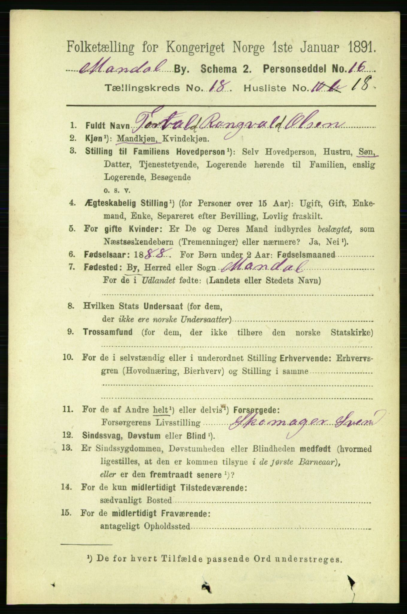 RA, Folketelling 1891 for 1002 Mandal ladested, 1891, s. 3812