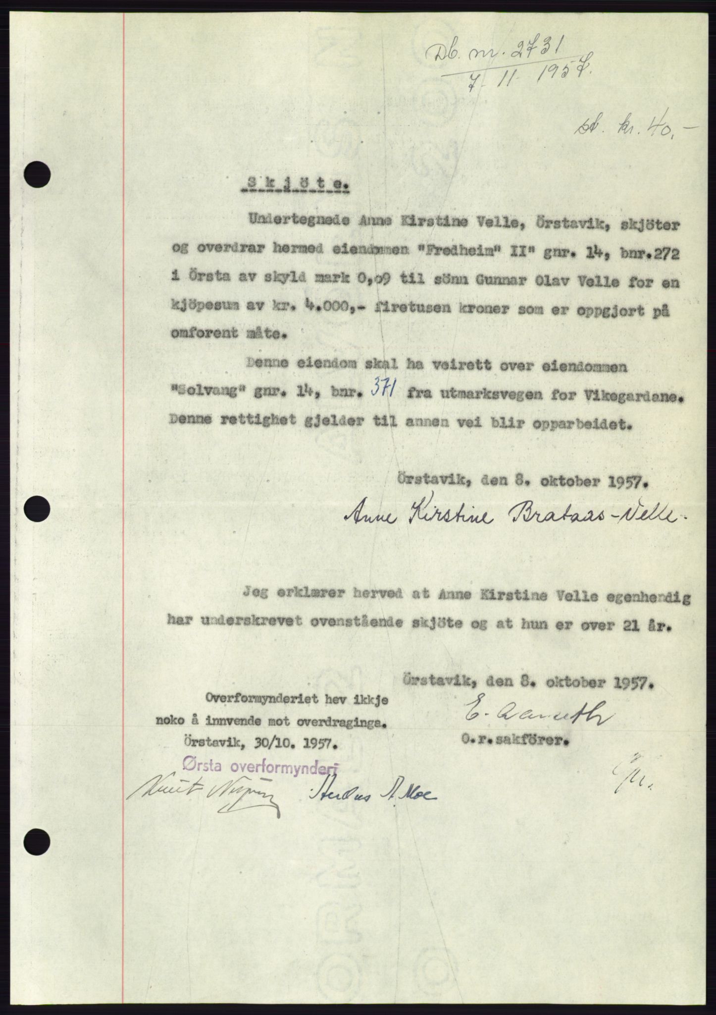 Søre Sunnmøre sorenskriveri, AV/SAT-A-4122/1/2/2C/L0108: Pantebok nr. 34A, 1957-1958, Dagboknr: 2731/1957
