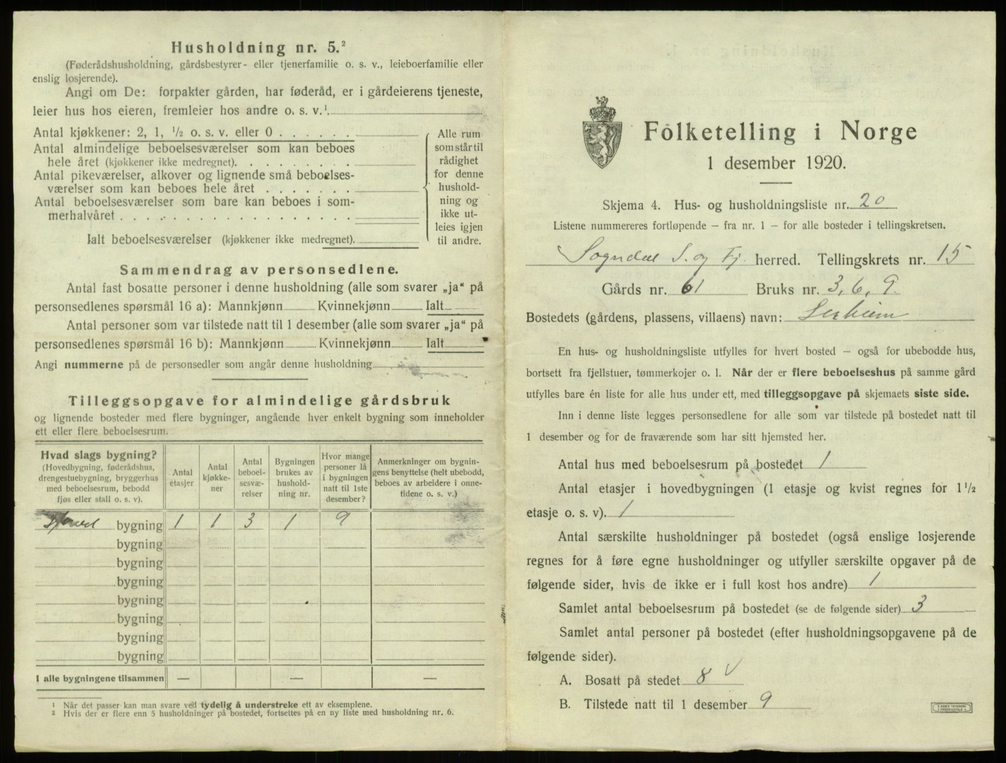 SAB, Folketelling 1920 for 1420 Sogndal herred, 1920, s. 851