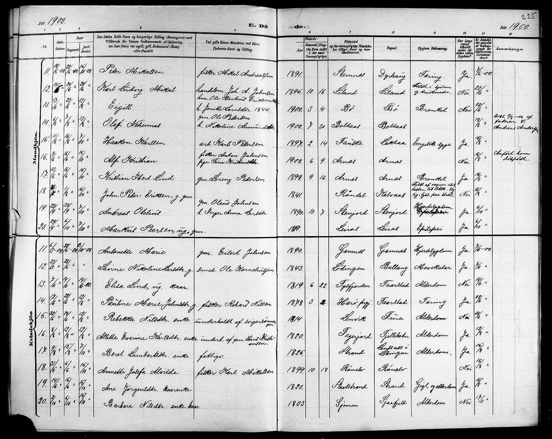 Ministerialprotokoller, klokkerbøker og fødselsregistre - Nordland, AV/SAT-A-1459/863/L0915: Klokkerbok nr. 863C05, 1898-1907, s. 225