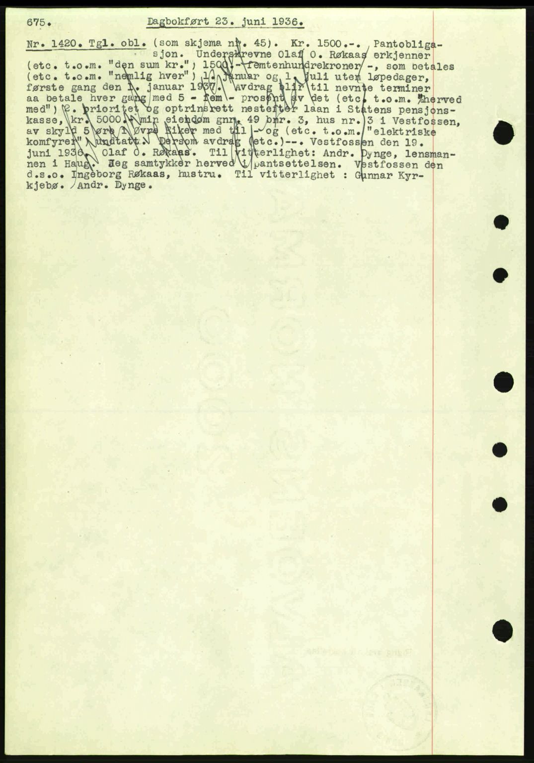 Eiker, Modum og Sigdal sorenskriveri, SAKO/A-123/G/Ga/Gab/L0032: Pantebok nr. A2, 1936-1936, Dagboknr: 1420/1936