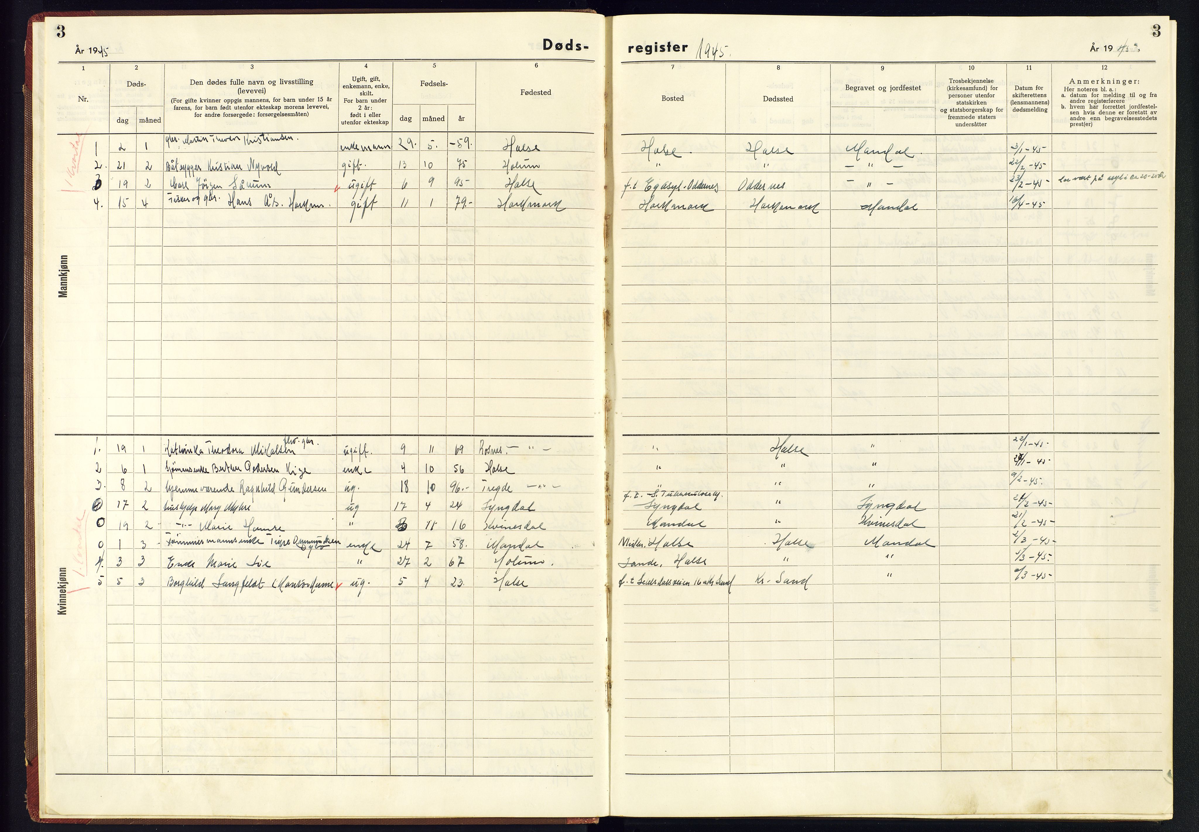 Mandal sokneprestkontor, AV/SAK-1111-0030/J/Je/L0006: Dødsfallsregister Halse og Harkmark, 1943-1945, s. 3