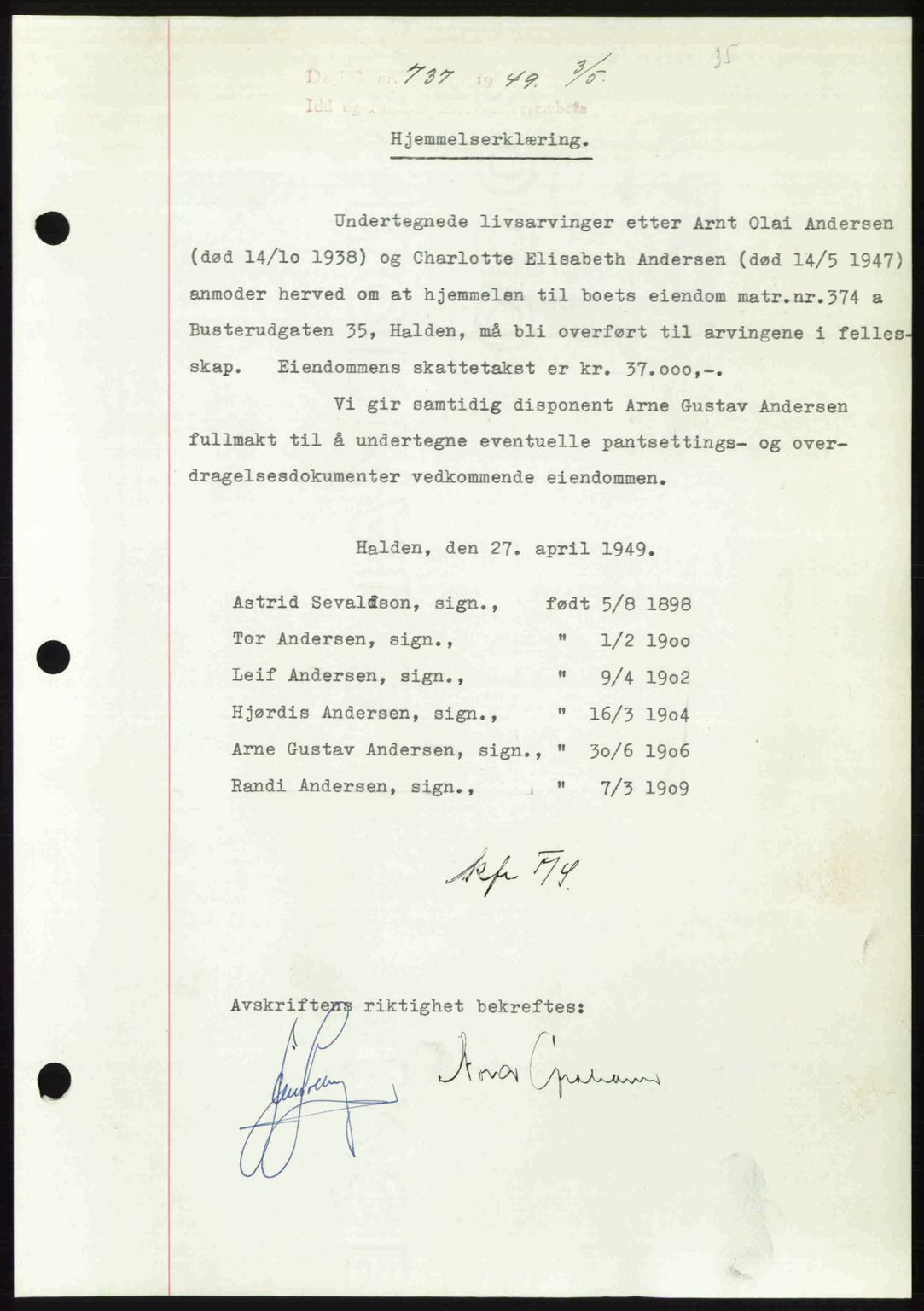 Idd og Marker sorenskriveri, SAO/A-10283/G/Gb/Gbb/L0012: Pantebok nr. A12, 1949-1949, Dagboknr: 737/1949