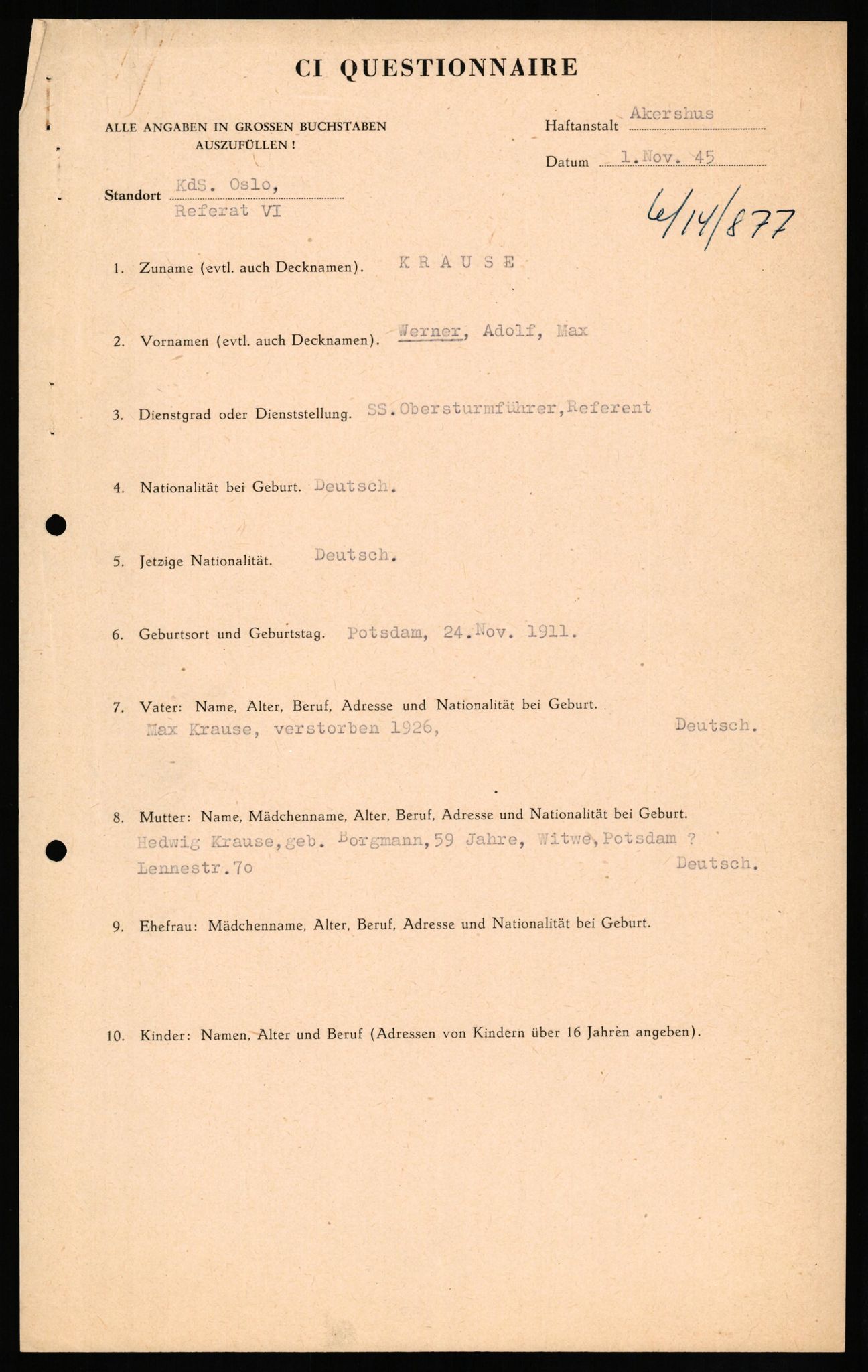 Forsvaret, Forsvarets overkommando II, AV/RA-RAFA-3915/D/Db/L0018: CI Questionaires. Tyske okkupasjonsstyrker i Norge. Tyskere., 1945-1946, s. 77