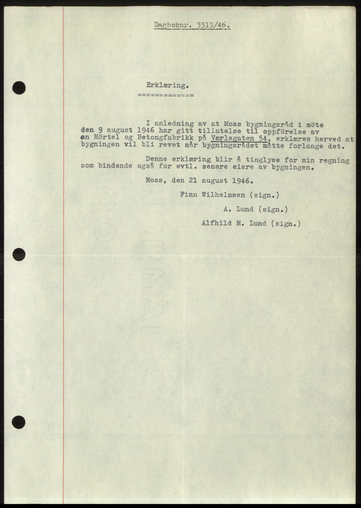 Moss sorenskriveri, SAO/A-10168: Pantebok nr. B16, 1946-1947, Dagboknr: 3313/1946