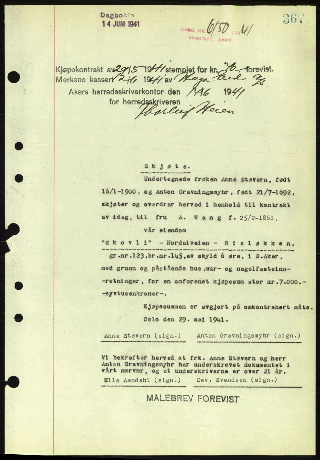 Aker herredsskriveri, SAO/A-10896/G/Gb/Gba/Gbab/L0048: Pantebok nr. A172-173, 1941-1941, Dagboknr: 6150/1941