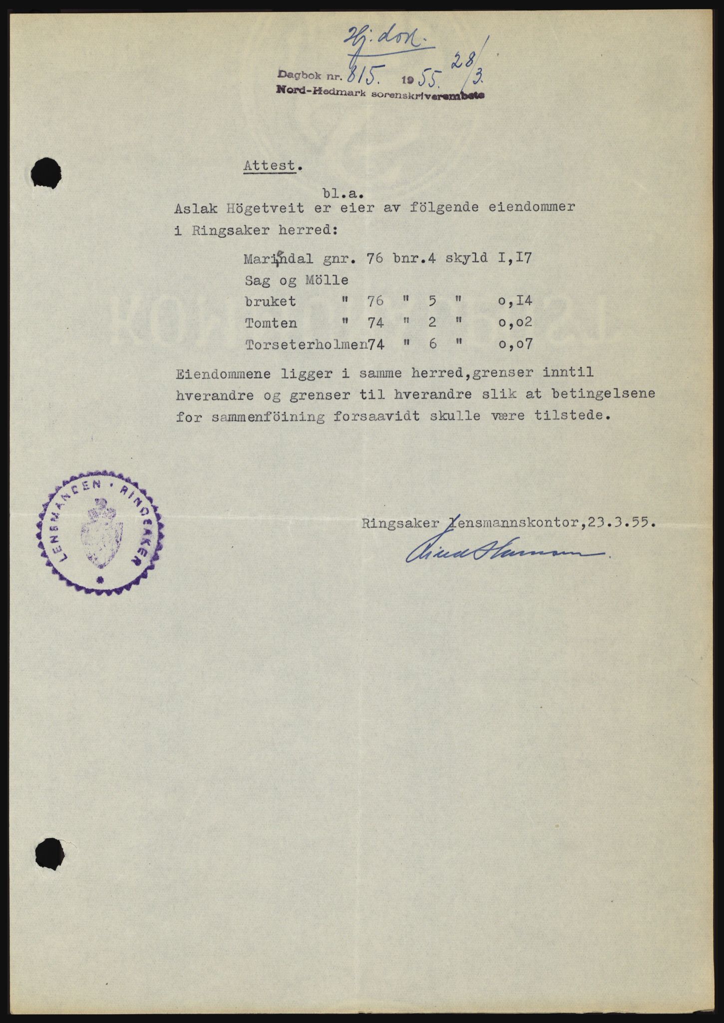 Nord-Hedmark sorenskriveri, SAH/TING-012/H/Hc/L0010: Pantebok nr. 10, 1955-1956, Dagboknr: 815/1955