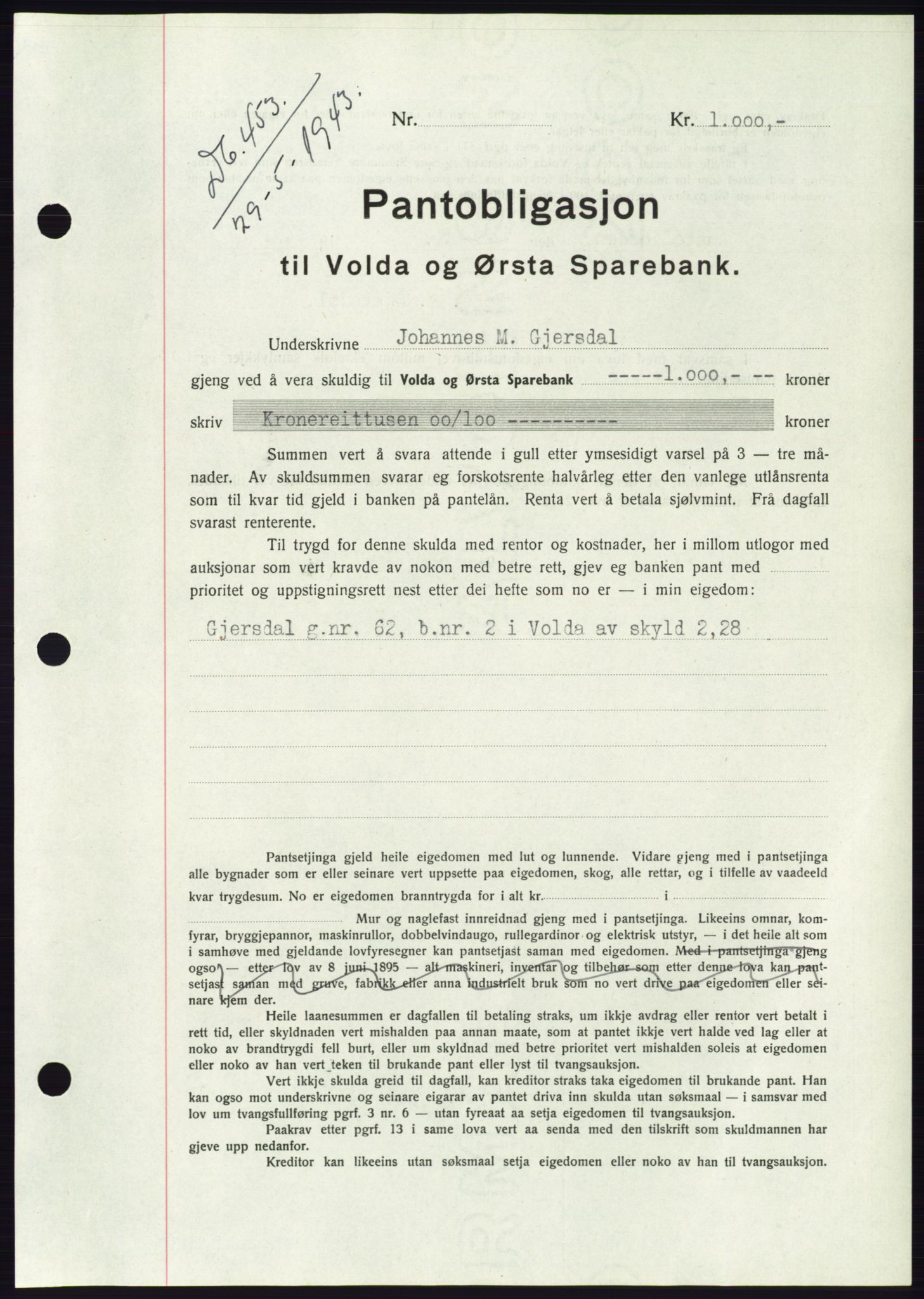 Søre Sunnmøre sorenskriveri, AV/SAT-A-4122/1/2/2C/L0114: Pantebok nr. 1-2B, 1943-1947, Dagboknr: 453/1943