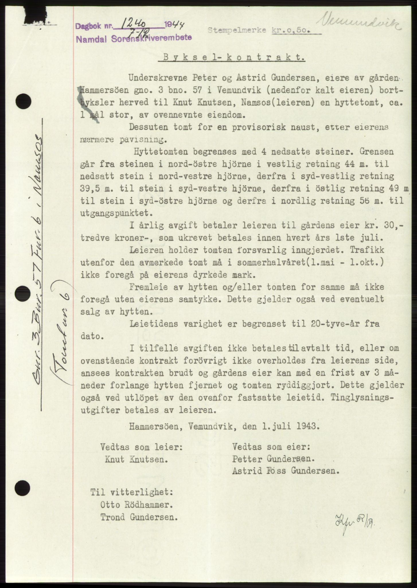 Namdal sorenskriveri, SAT/A-4133/1/2/2C: Pantebok nr. -, 1944-1945, Dagboknr: 1240/1944