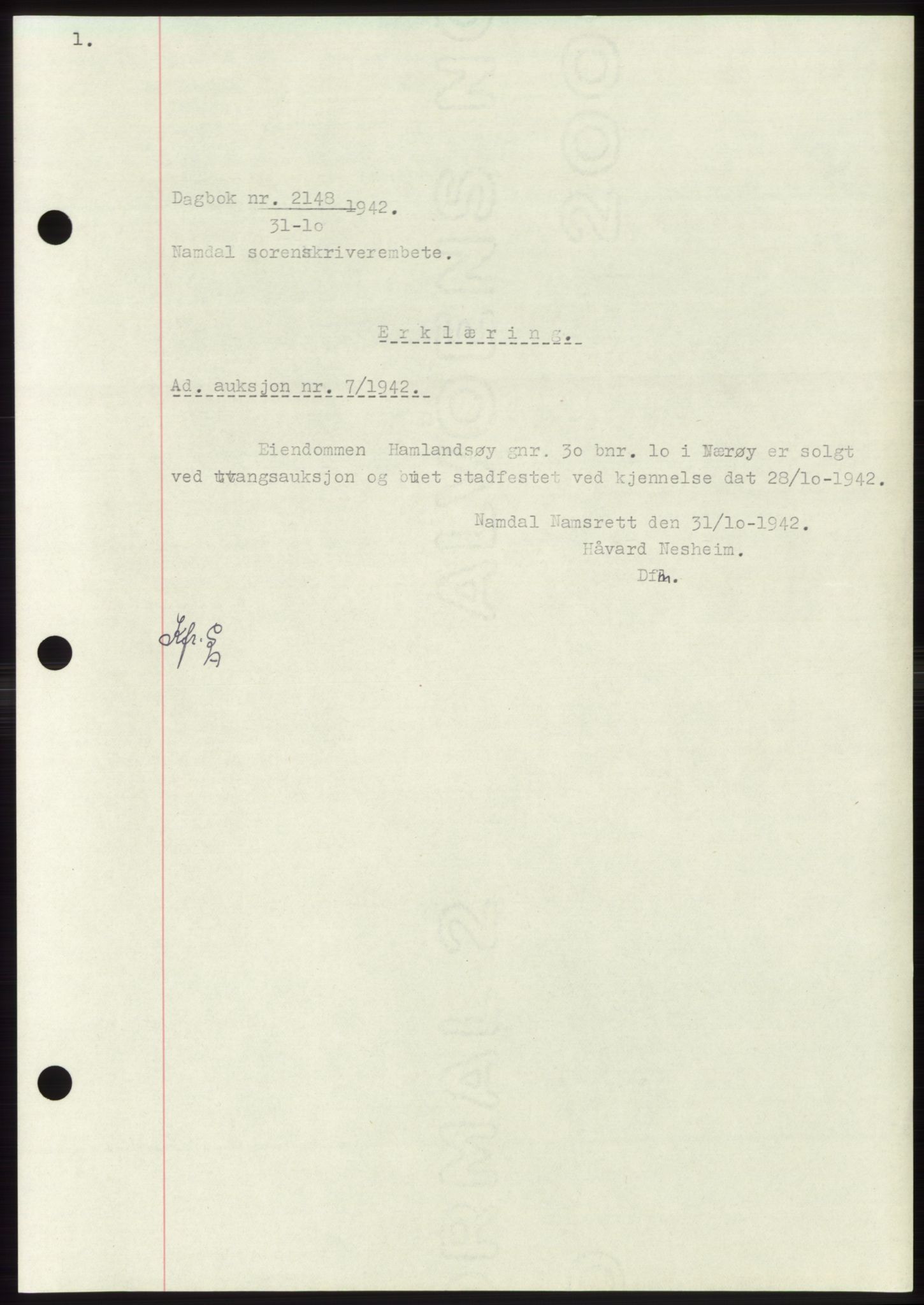 Namdal sorenskriveri, SAT/A-4133/1/2/2C: Pantebok nr. -, 1942-1943, Dagboknr: 2148/1942