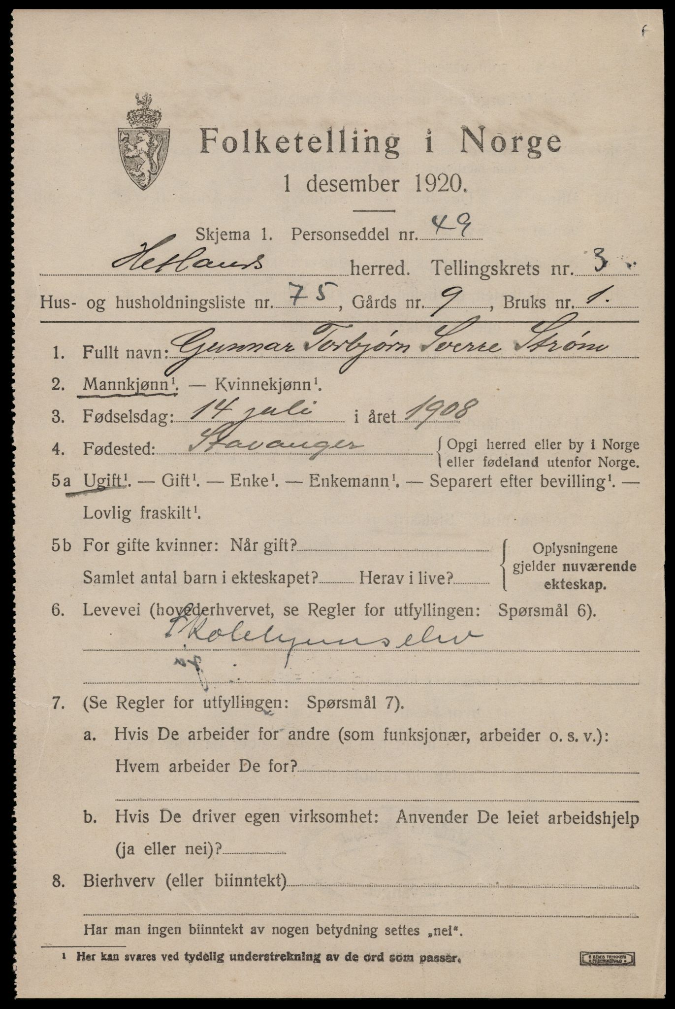 SAST, Folketelling 1920 for 1126 Hetland herred, 1920, s. 6253