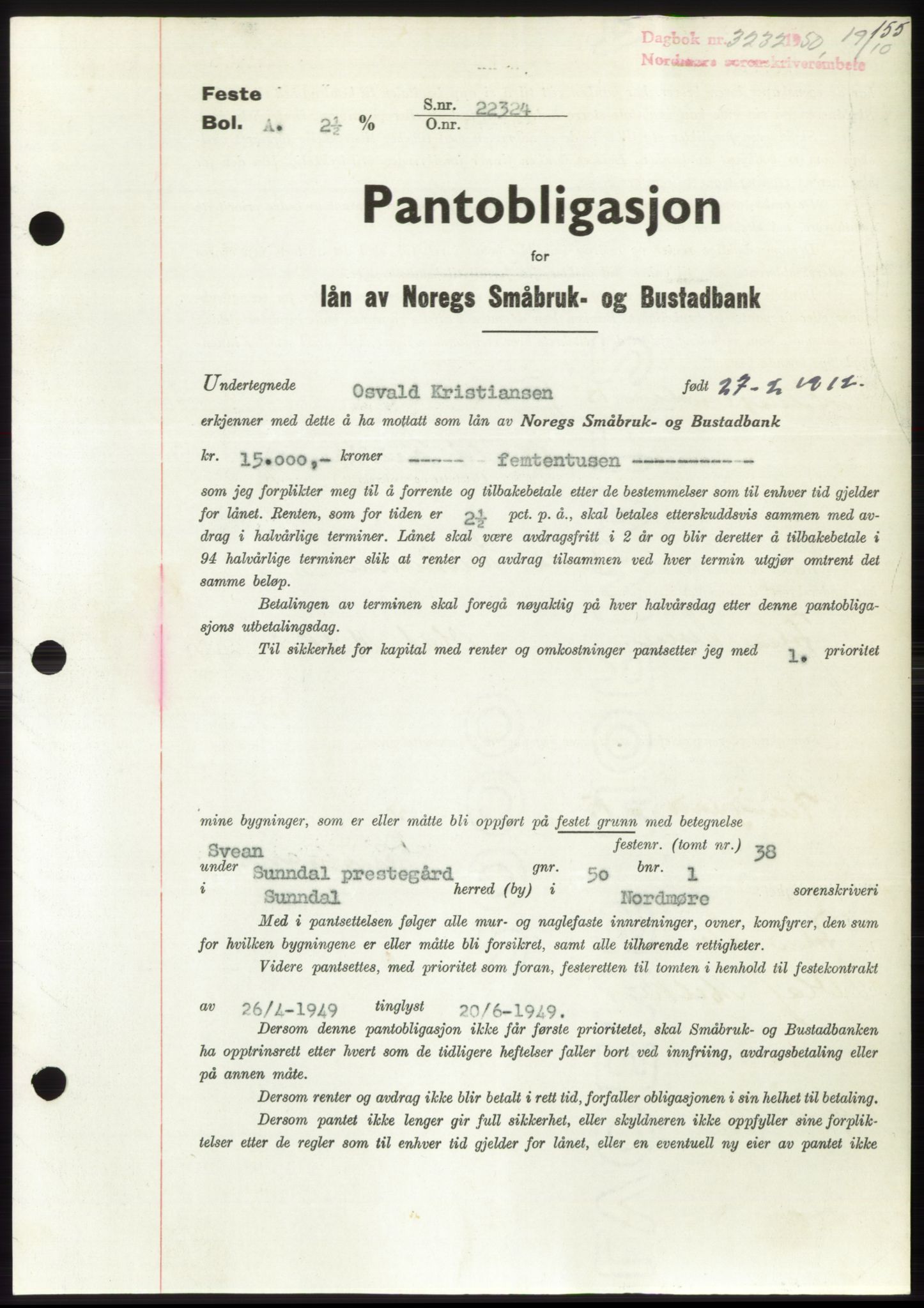 Nordmøre sorenskriveri, SAT/A-4132/1/2/2Ca: Pantebok nr. B106, 1950-1950, Dagboknr: 3232/1950