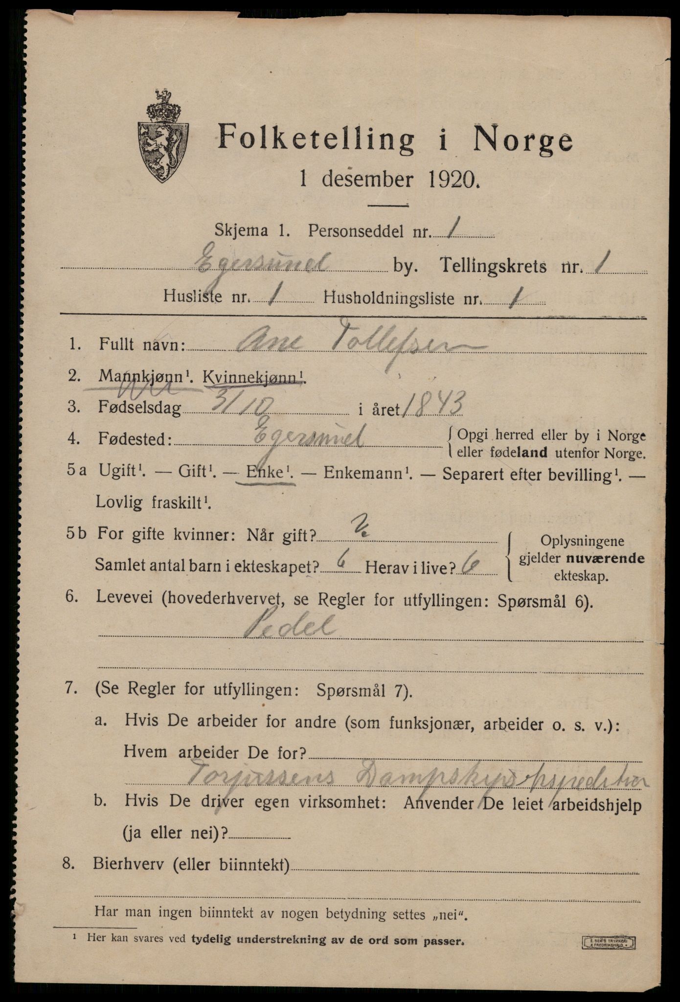 SAST, Folketelling 1920 for 1101 Egersund ladested, 1920, s. 2766