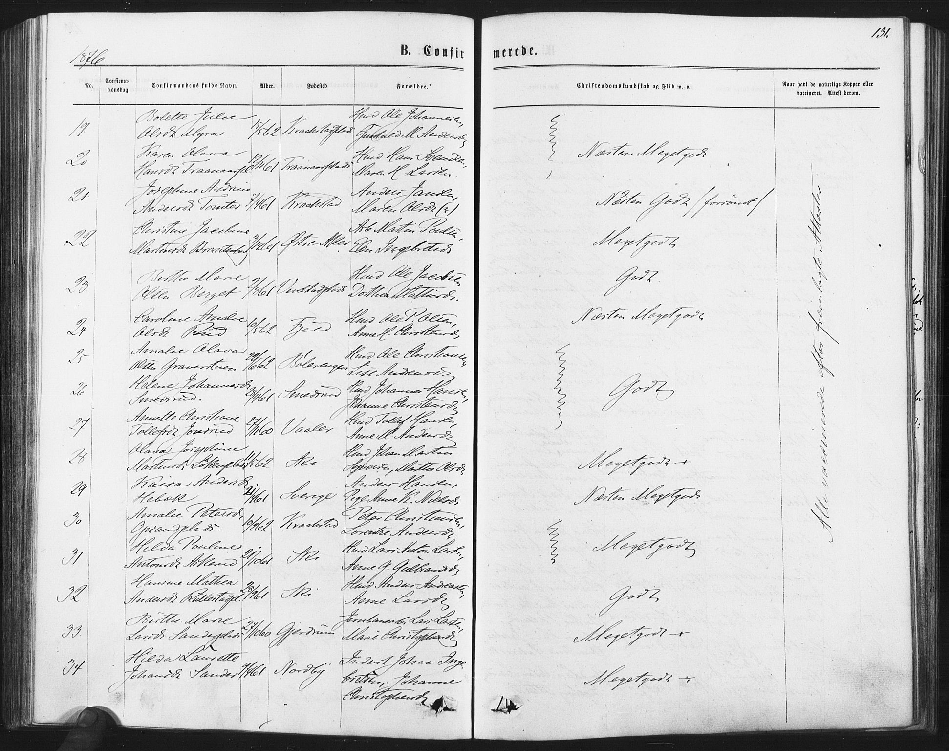 Kråkstad prestekontor Kirkebøker, SAO/A-10125a/F/Fa/L0008: Ministerialbok nr. I 8, 1870-1879, s. 131