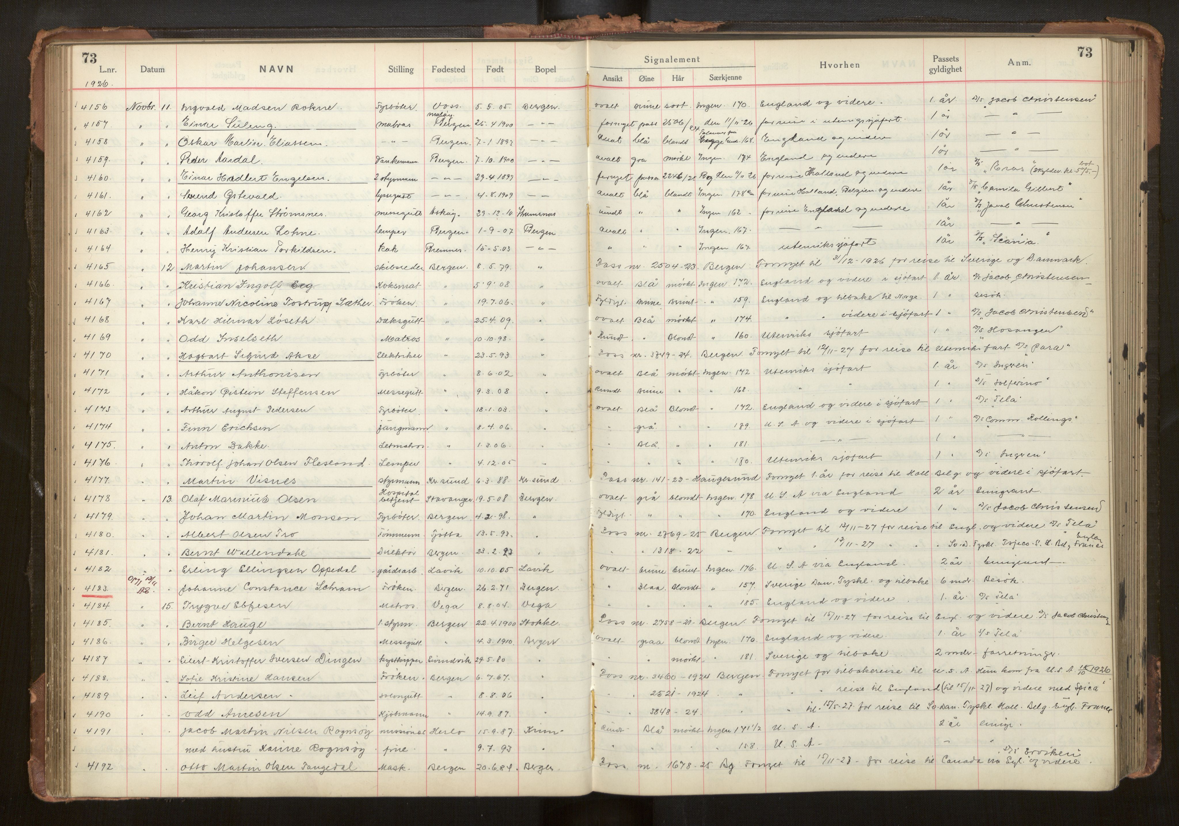 Bergen politikammer / politidistrikt, AV/SAB-A-60401/L/La/Lab/L0011: Passprotokoll, 1926-1928