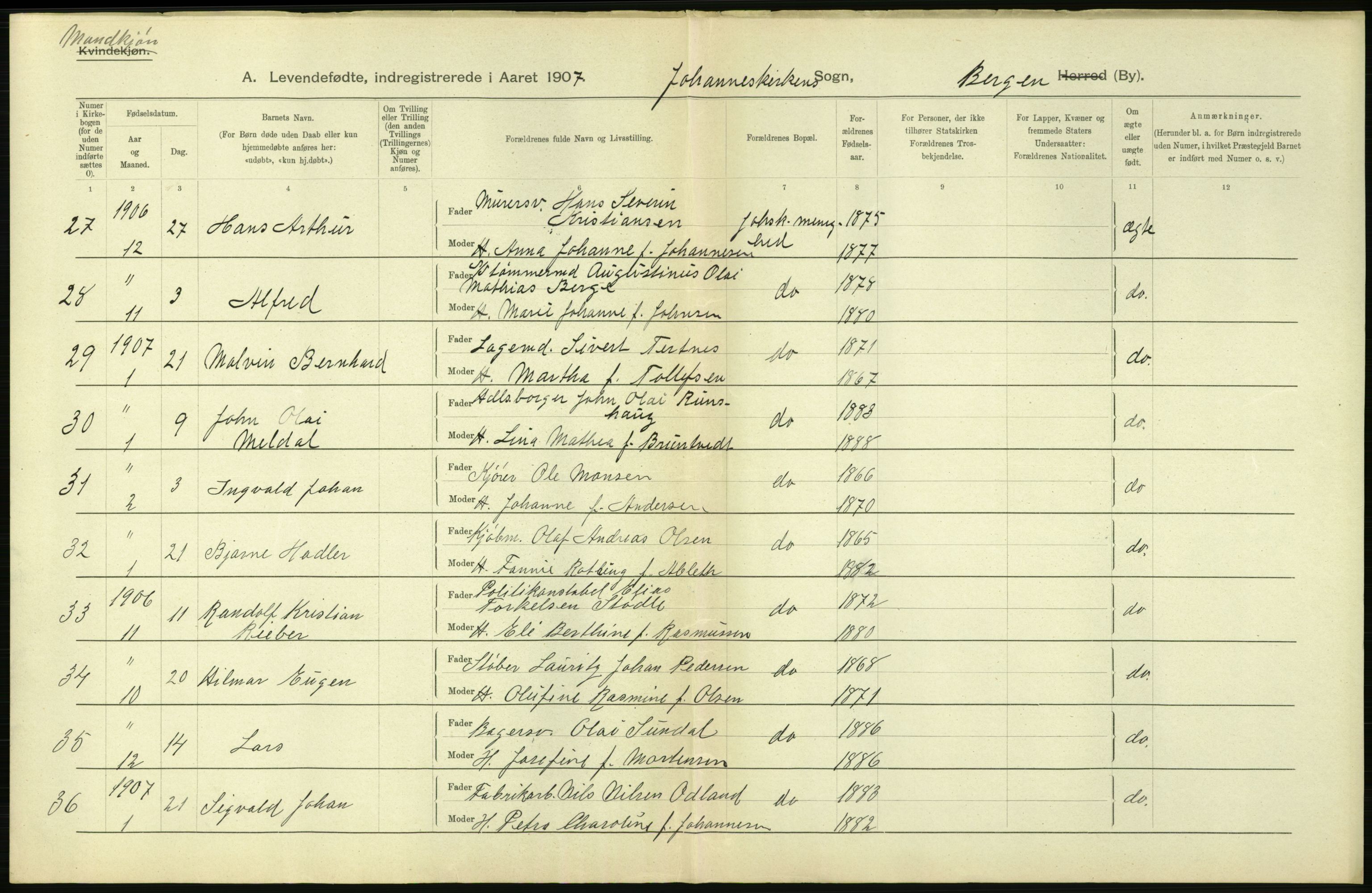Statistisk sentralbyrå, Sosiodemografiske emner, Befolkning, AV/RA-S-2228/D/Df/Dfa/Dfae/L0030: Bergen: Levendefødte menn og kvinner., 1907, s. 48