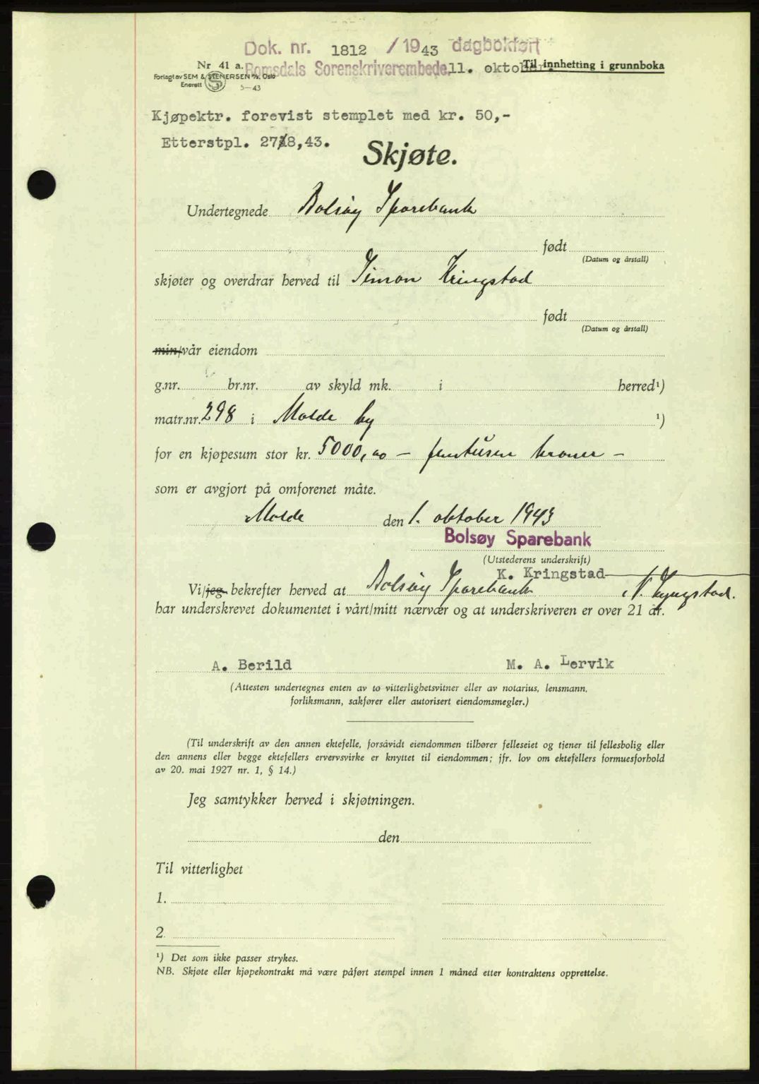 Romsdal sorenskriveri, AV/SAT-A-4149/1/2/2C: Pantebok nr. A15, 1943-1944, Dagboknr: 1812/1943