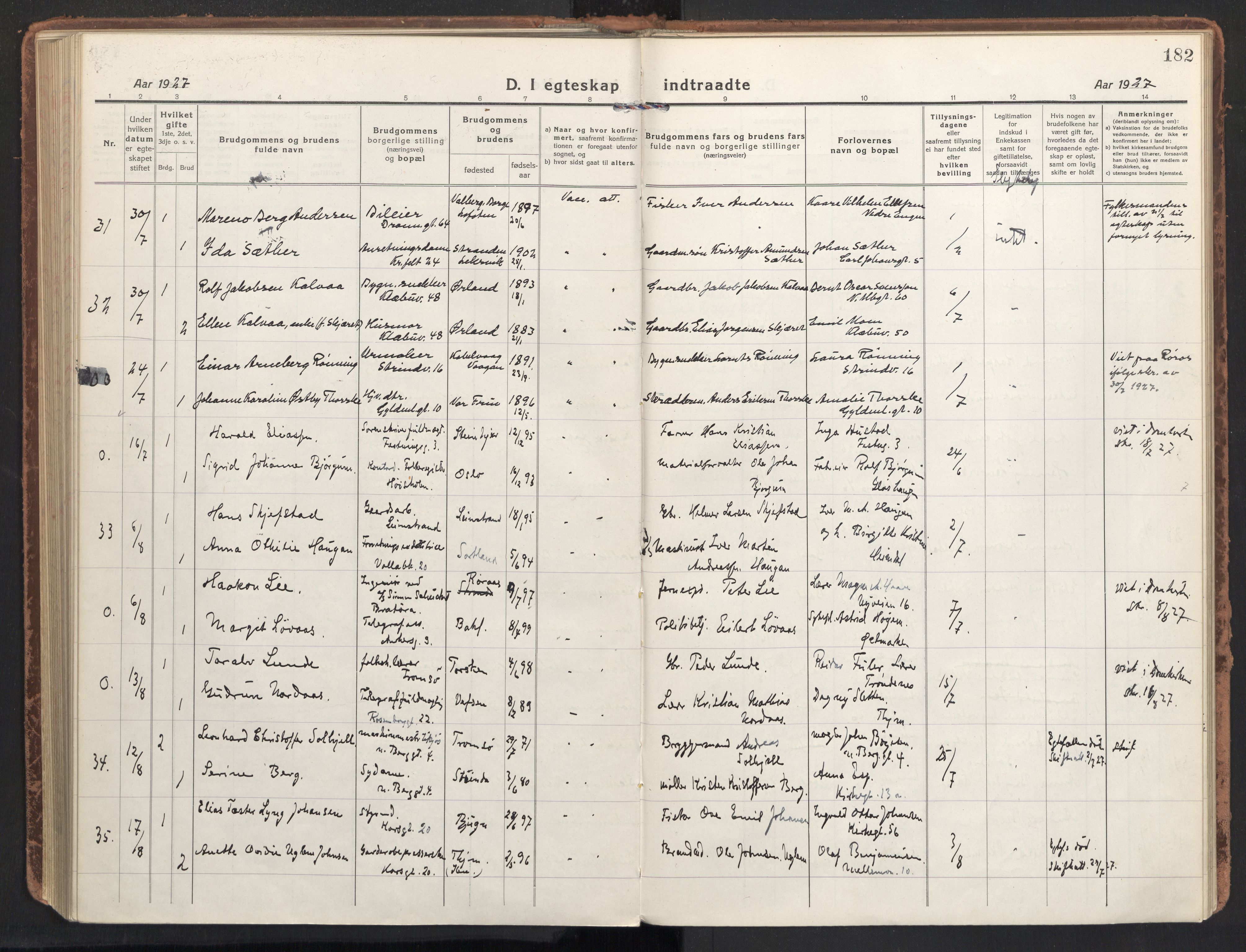 Ministerialprotokoller, klokkerbøker og fødselsregistre - Sør-Trøndelag, AV/SAT-A-1456/604/L0206: Ministerialbok nr. 604A26, 1917-1931, s. 182