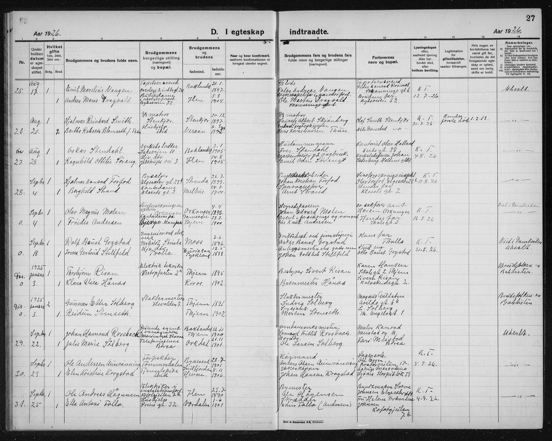 Ministerialprotokoller, klokkerbøker og fødselsregistre - Sør-Trøndelag, AV/SAT-A-1456/603/L0176: Klokkerbok nr. 603C04, 1923-1941, s. 27